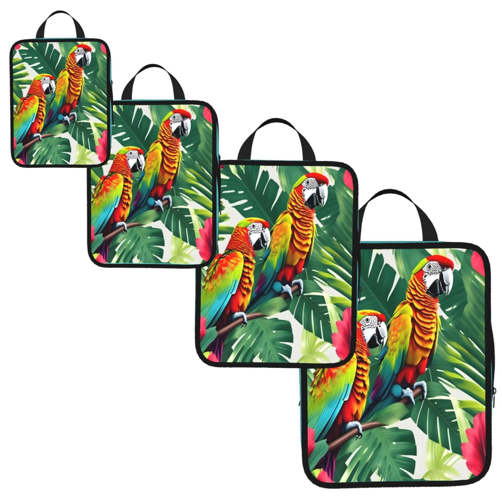 Tropical Flower Leaf Parrot Print 4 Set Compression Packing Cubes for Suitcases,Expandable Storage Bags Organizers