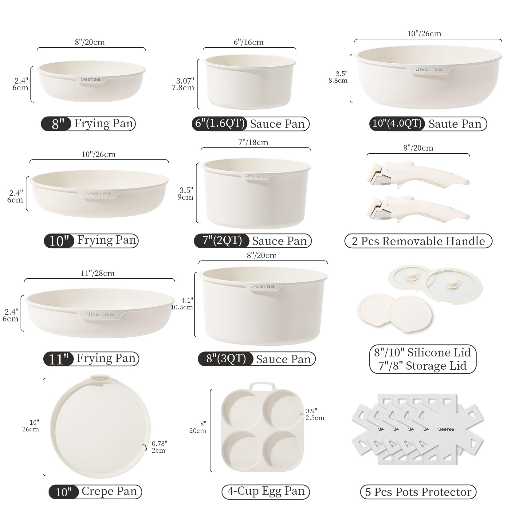 JEETEE Batterie de Cuisine Antiadhésive 20 Pcs, Sets de Poêles et Casseroles avec Poignée Amovible, Ensemble de Cuisine pour Camping-car, Empilable, Passe au Four, Sans PFAS/PFOA, Beige