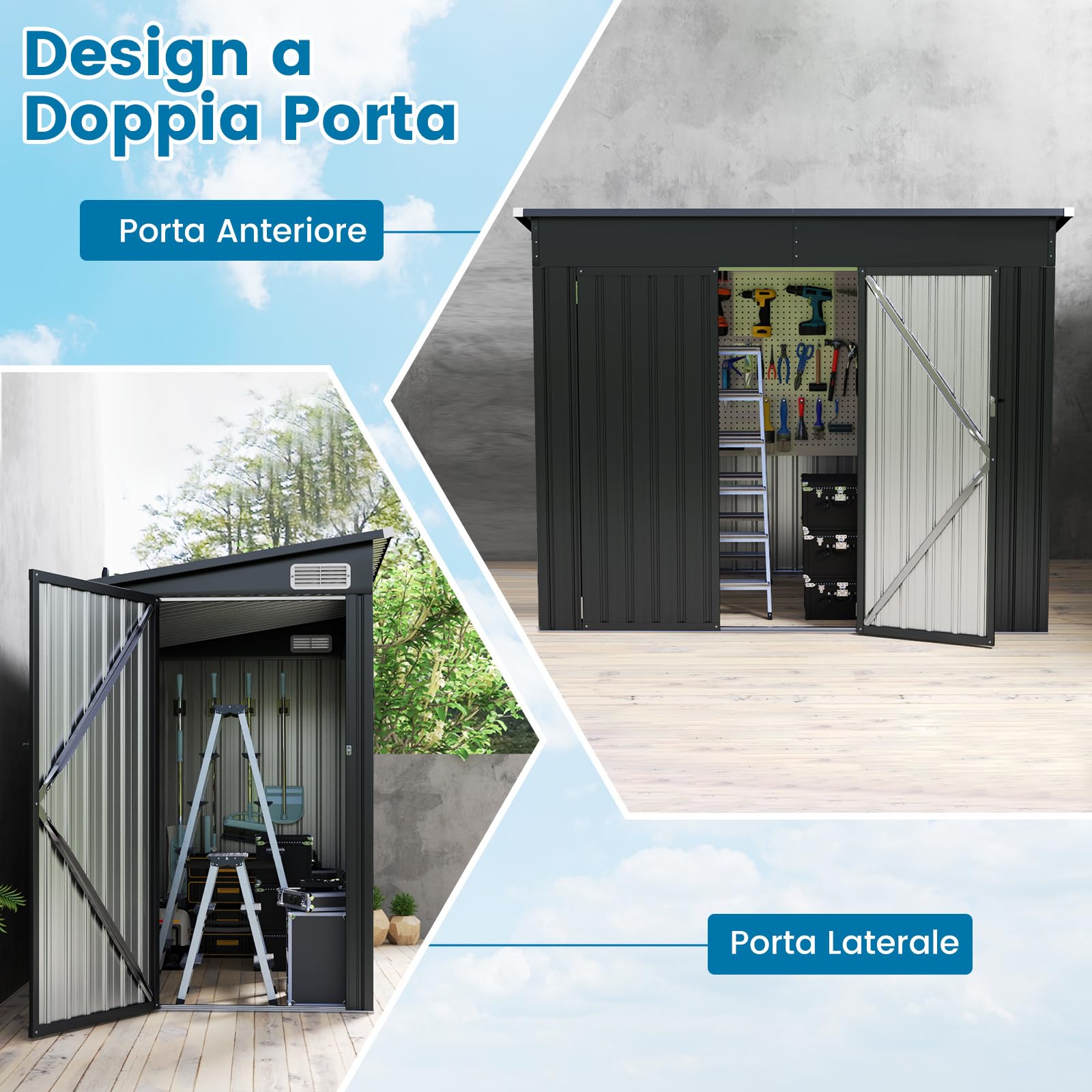 COSTWAY Capanno da Giardino 2,6㎡, Casetta Porta Attrezzi da Esterno in Metallo Zincato Resistente alle Intemperie con 2 Porte e Tetto Inclinato, Ripostiglio per Cortile (Grigio)