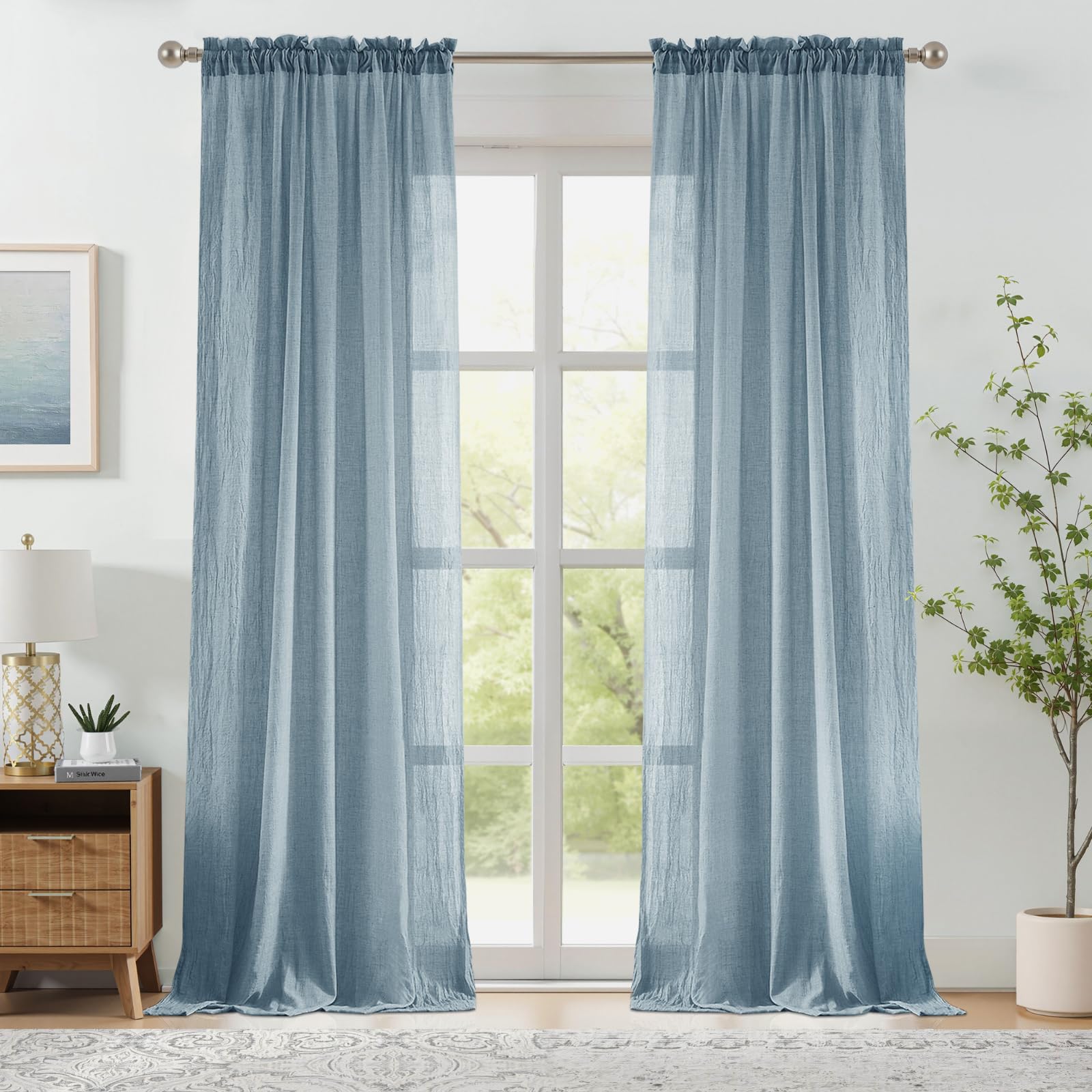 Melodieux Blue Sheer Curtains 108 Inches Long for Sliding Door, Living Room Cotton Linen Textured Light Filtering Curtains, Patio Rustic Rod Pocket Window Sheer Drapes, 52" W x 108" L, 2 Panels โ image 1