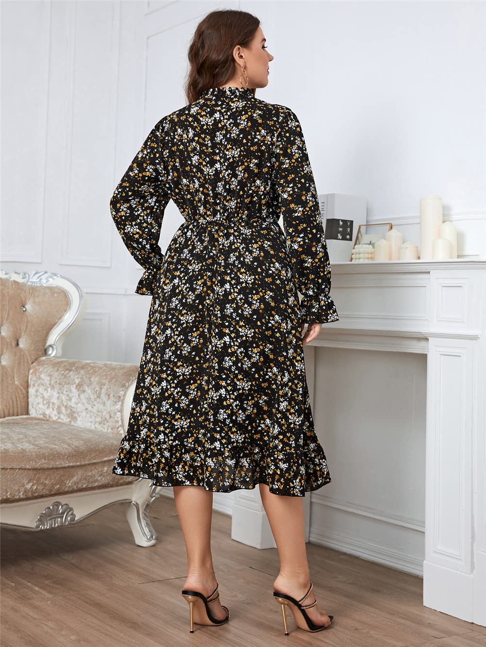 Vsadsau Vestido midi de gasa con estampado floral para mujer, talla grande, vestido de fiesta de manga larga abombada