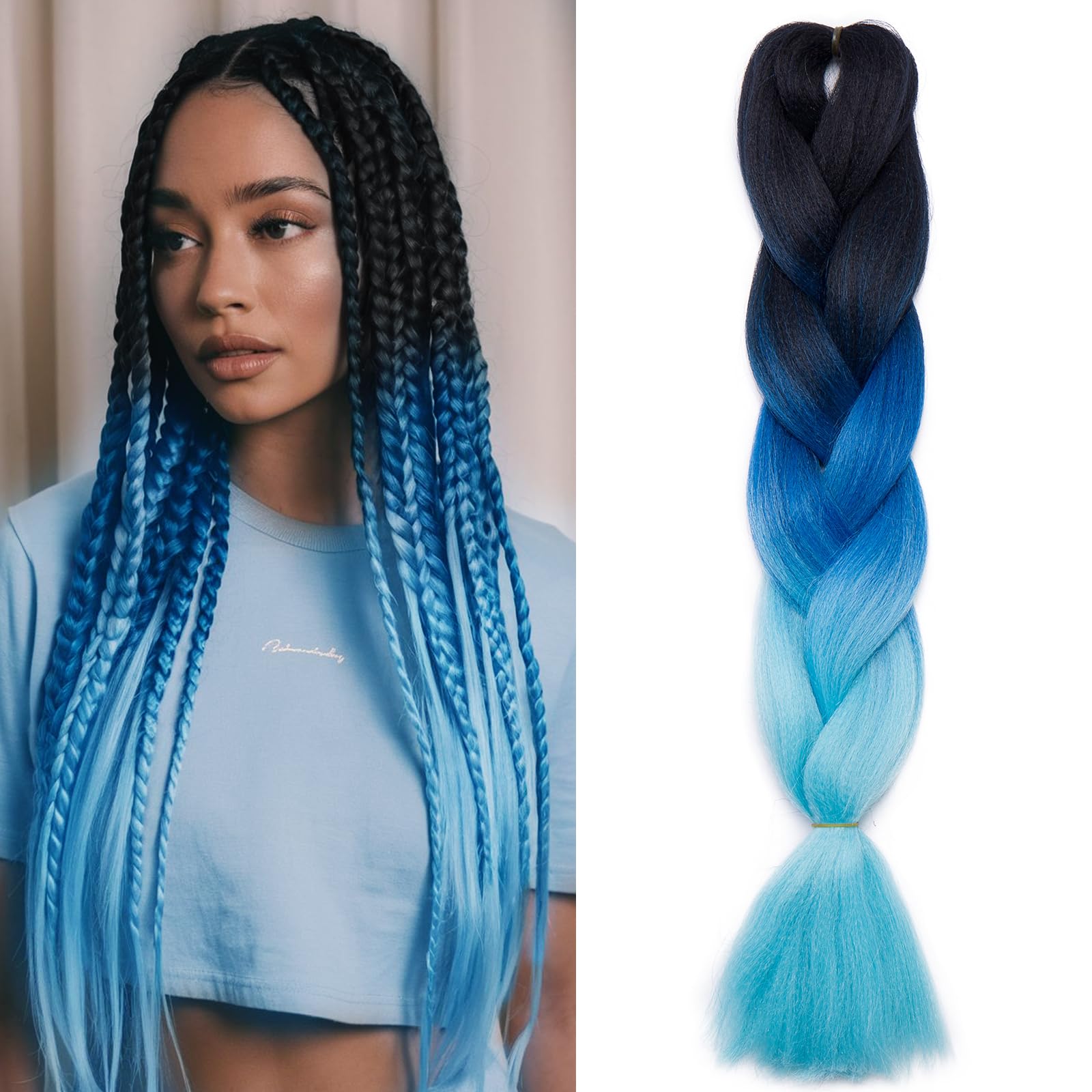 Benehair Braid Extensions 24 Inches Ombre Jumbo Braiding Hair Colorful Synthetic Hair Extensions for Braiding Hair Extensions for Women(Black/Blue/Sky Blue