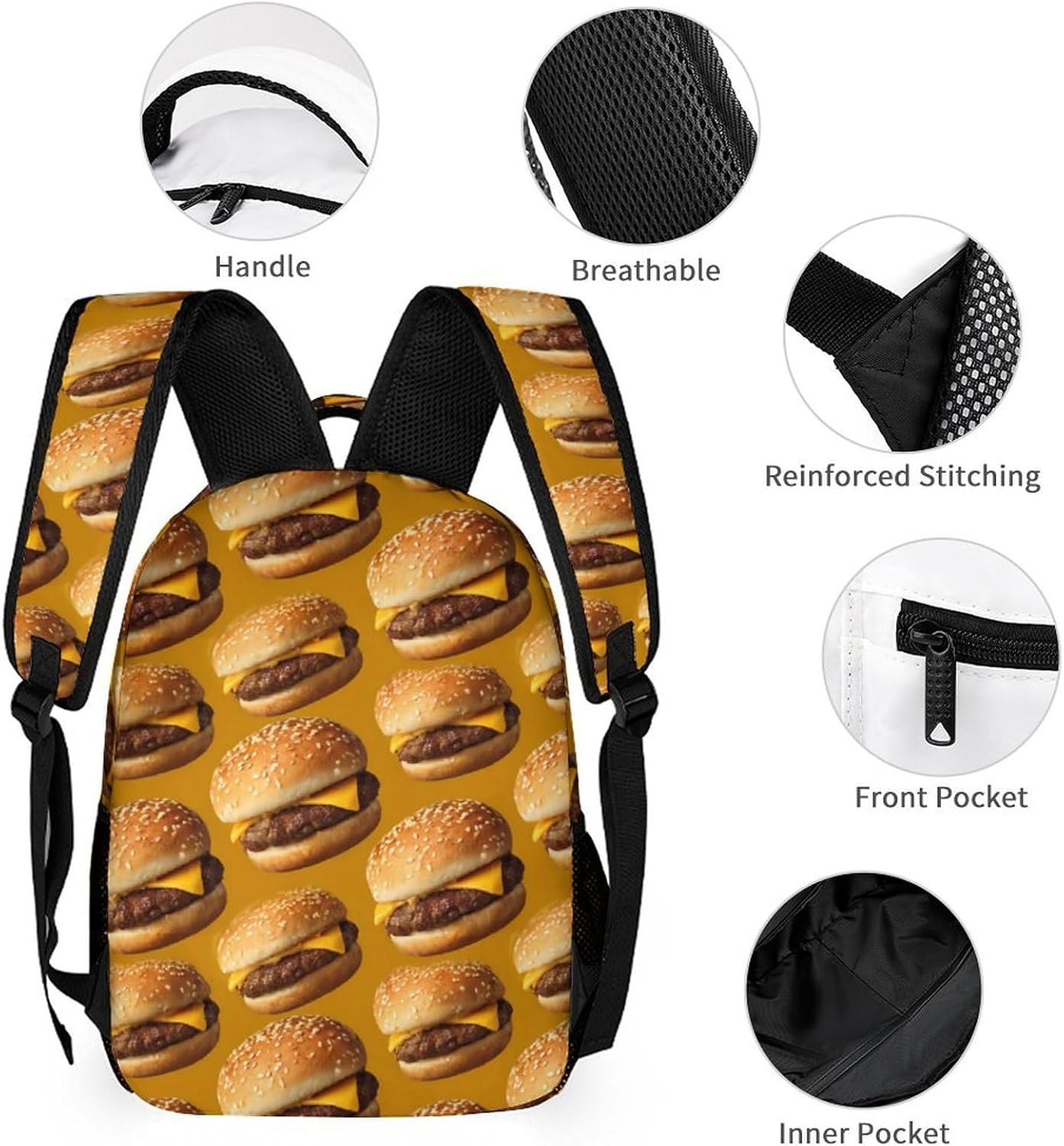Cheese Hamburgers Novelty Backpack Set with Lunch Bag Pencil Cases image 3