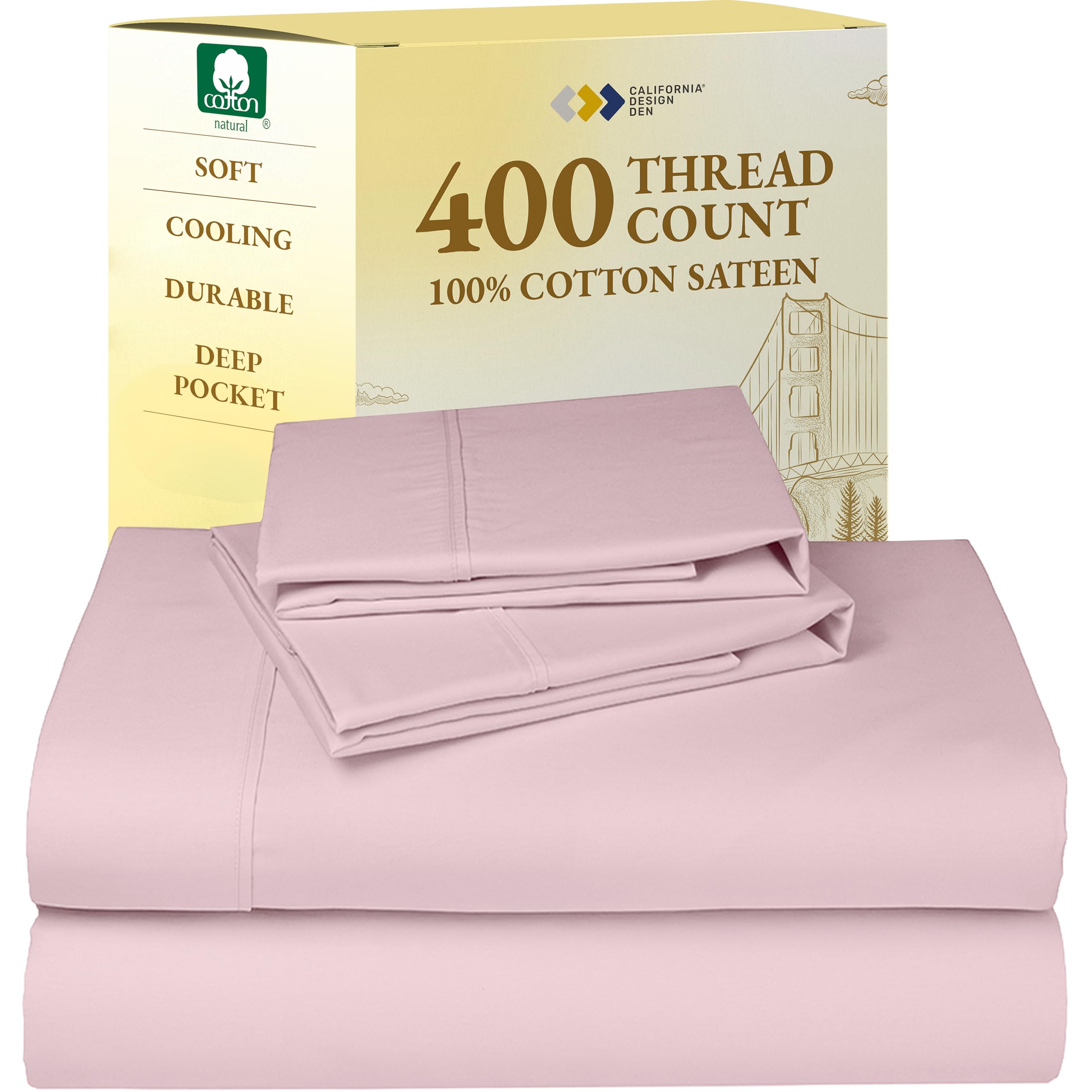 California Design Den King Size Sheets Set - 400 Thread Count Sateen, Natural 100% Cotton Sheets with Deep Pockets, Breathable and Durable Bedding Set - Pink