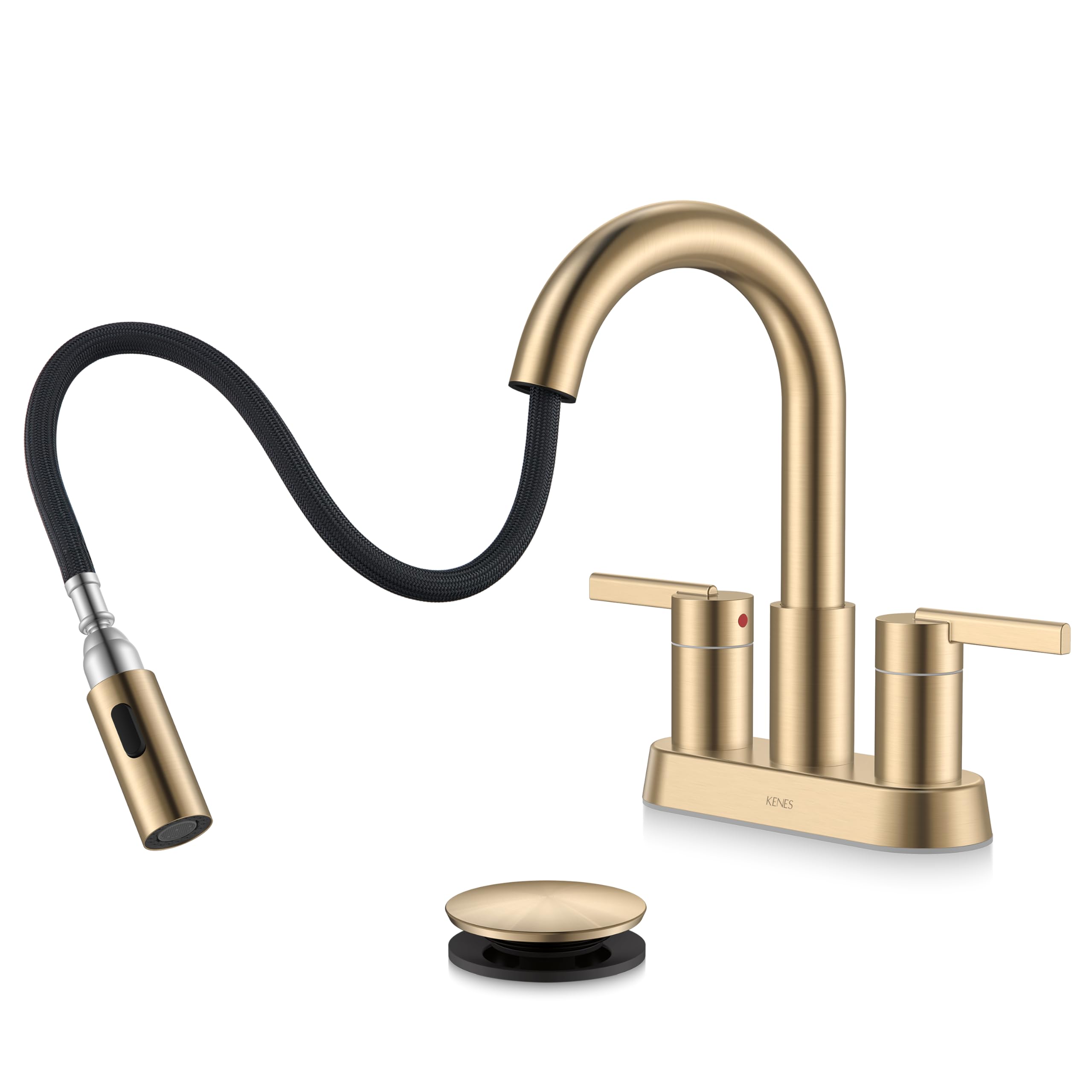 Photo 1 of KENES Champagne Bronze Pull Down Bathroom Faucet, 4 Inch 2 Handle Centerset Bathroom Faucet 3 Hole with Pull Out Sprayer, Bathroom Vanity Faucet with Pop Up Drain & Supply Lines LJ-9069-CB