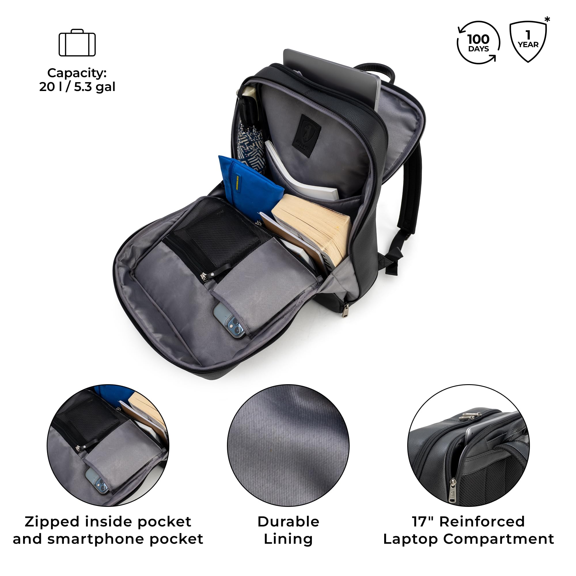 Berliner Bags Mochila Helsinki de Piel para Portátil 17", Mochila Business con RFID para Hombre y Mujer - Negro