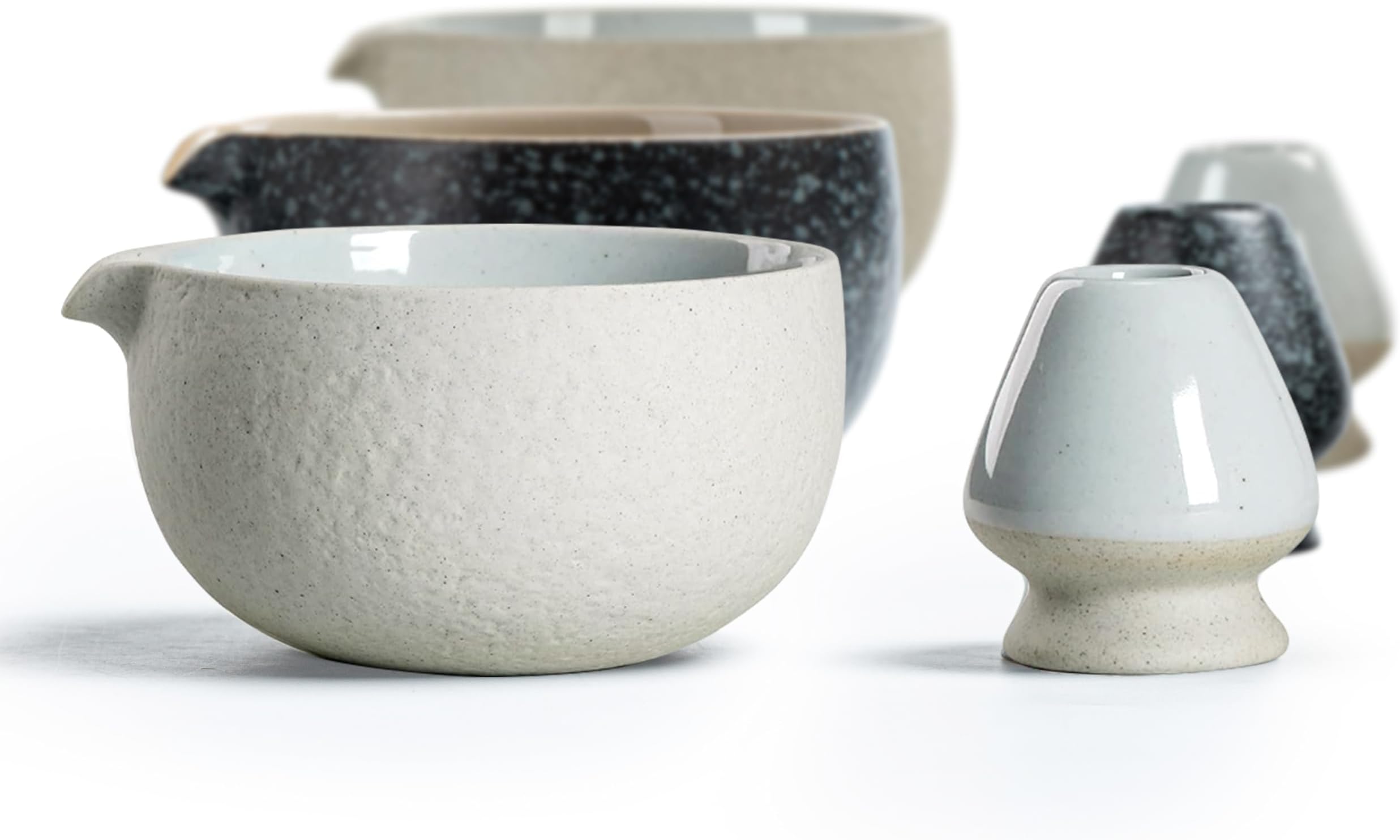 TEANAGOO K13 Lt. Grey Ceramic Matcha Bowl with Whisk Rest, 18 OZ. Tea Bowl, Pouring Spout, Ceremonial Accessory