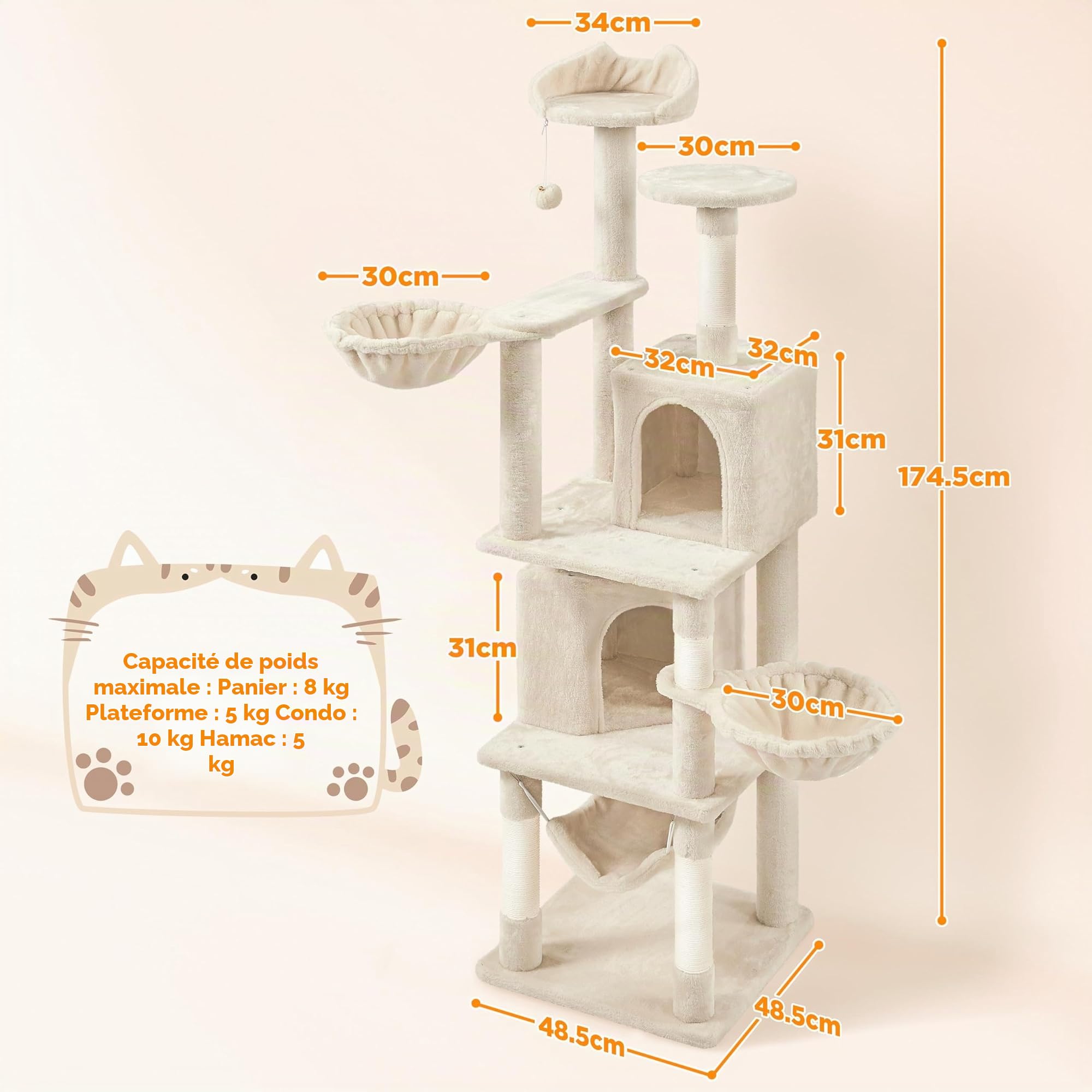 Abician Grand Arbre à Chat XXL 174.5cm, en Sisal, Tour pour Chats à Grimper avec 2 Cachettes/3 Plateformes/2 Paniers/Hamac, pour Chats Gros, Beige