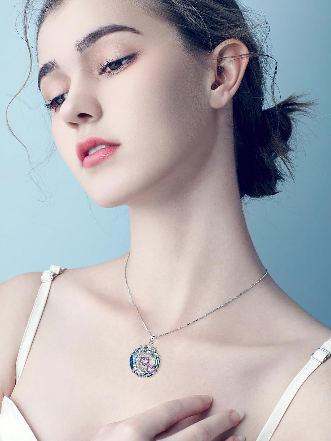 TOUPOP s925 Sterling Silver Family Celtic Tree of Life Pendant Necklaces with 2 Heart Birthstone with Blue Austrian Crystal Jewelry Birthday Valentines Day Gifts for Her, Anniversary Christmas Gifts for Wife Girlfriend Mom (18K Real White Gold Filled) - Image 3