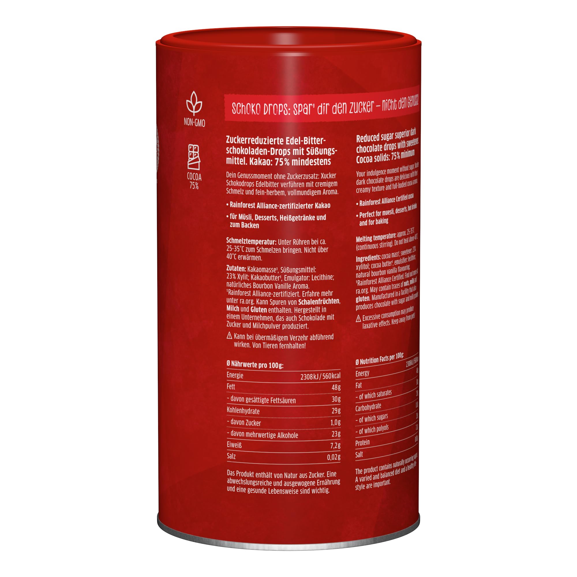 Xucker Schoko Drops Edelbitter 750g - Xucker Schokolade mit Xylit Zuckerersatz I Vegane Schokodrops I Zuckerreduzierte Süßigkeiten zum Backen (min. 75% Kakaoanteil)