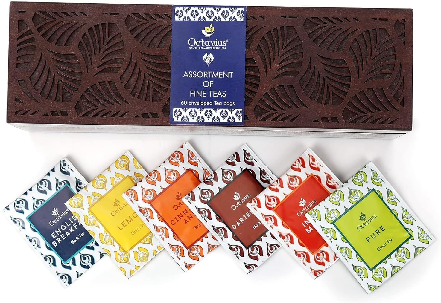 Octavius, Assorted Tea Sampler Gift Set (6 Flavors, 60 Tea Bags) | Black & Green Tea Sampler Pack | Leaf Cut Design Wooden Tea Gift Set | Pack of 1