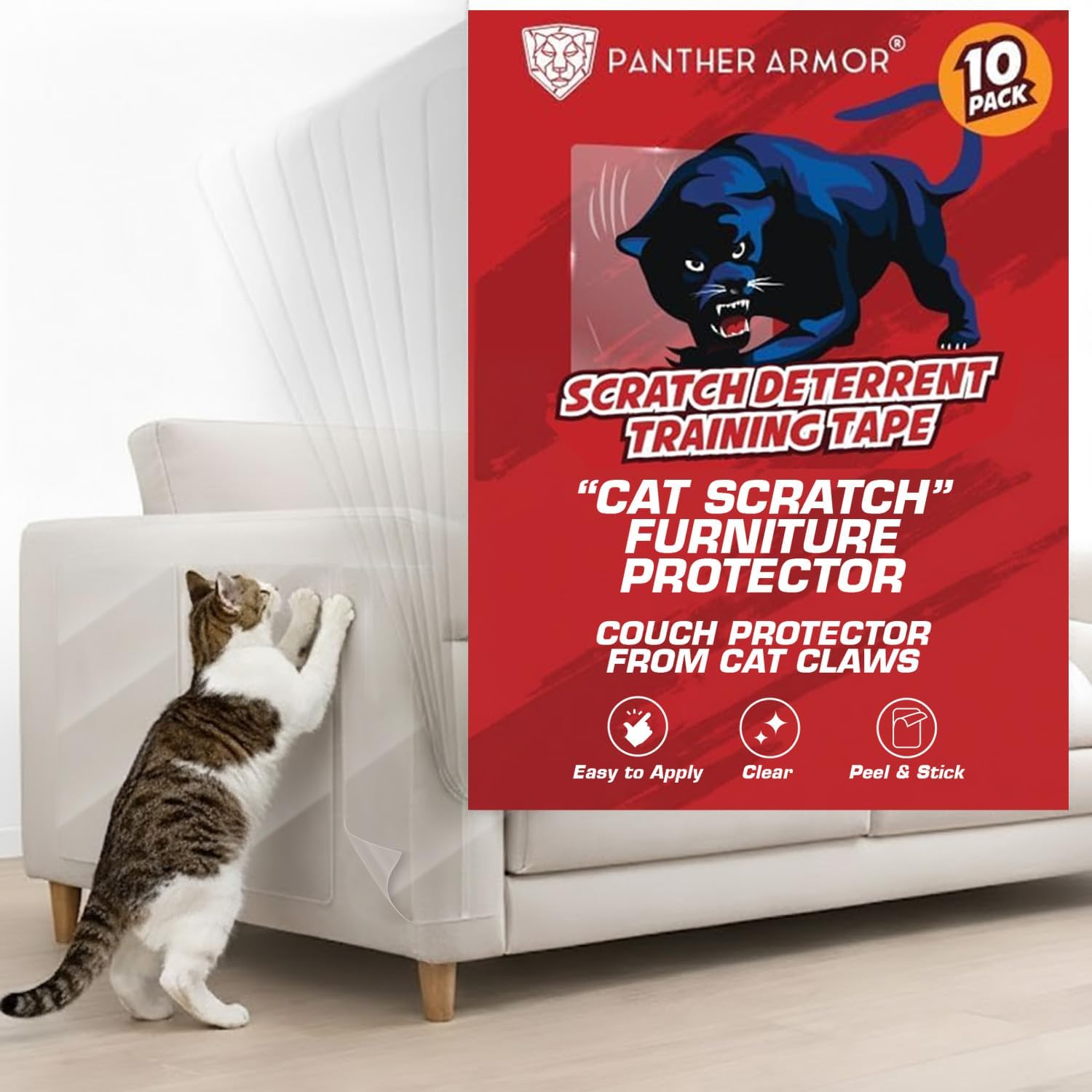 Panther Armor Cat Scratch Deterrent Tape – 10(Ten)-Pack – Double Sided Anti Cats Scratching Sticky Tape – 5-Pack XL 16”L 12”W + 5-Pack Large 17”L 10”W Furniture Protectors – Clear Training Tape