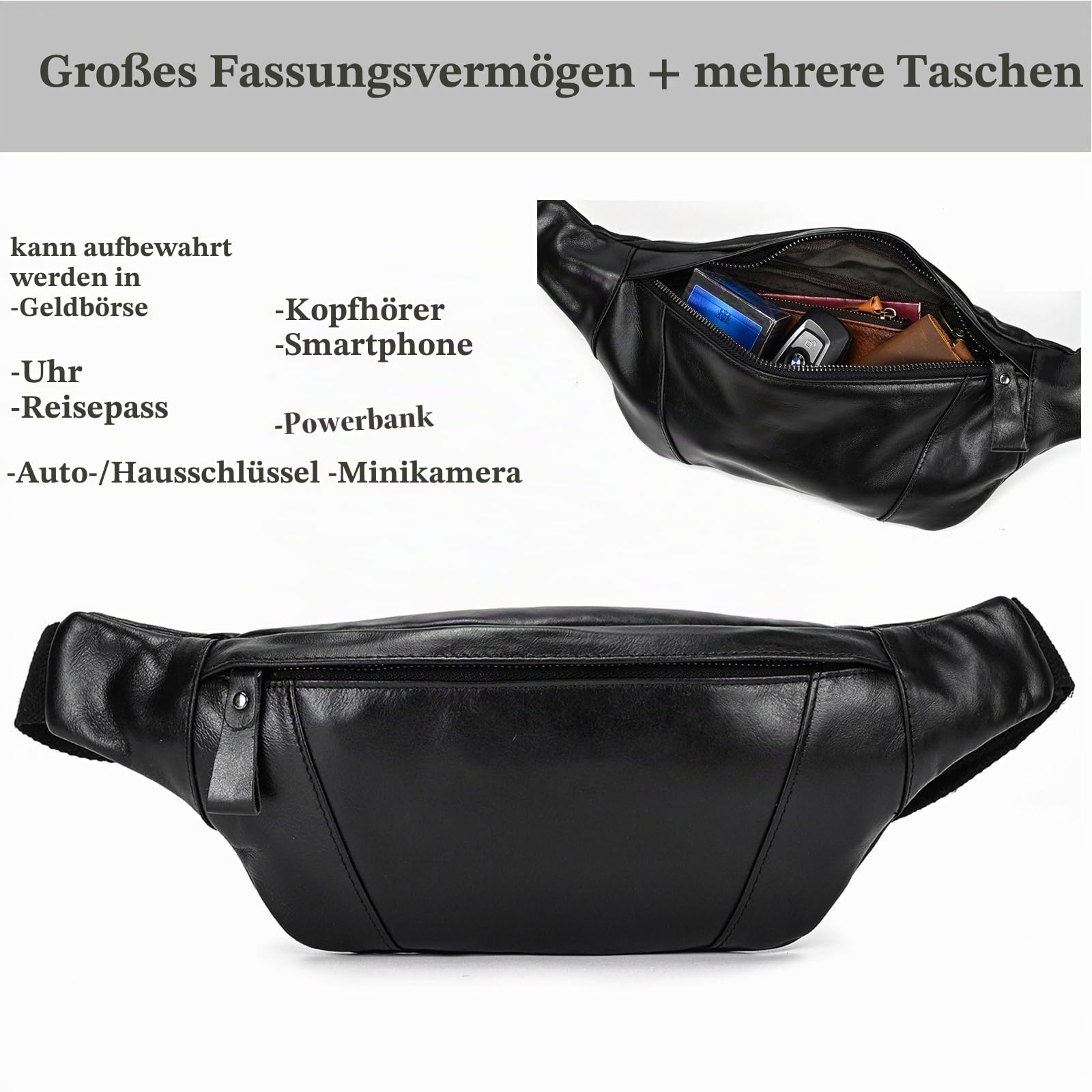 Gürteltasche Leder Vintage Bauchtasche für Herren Damen Hüfttasche Modern Belt Bag für Jogging Festival Urlaub Echtes Leder, schwarz