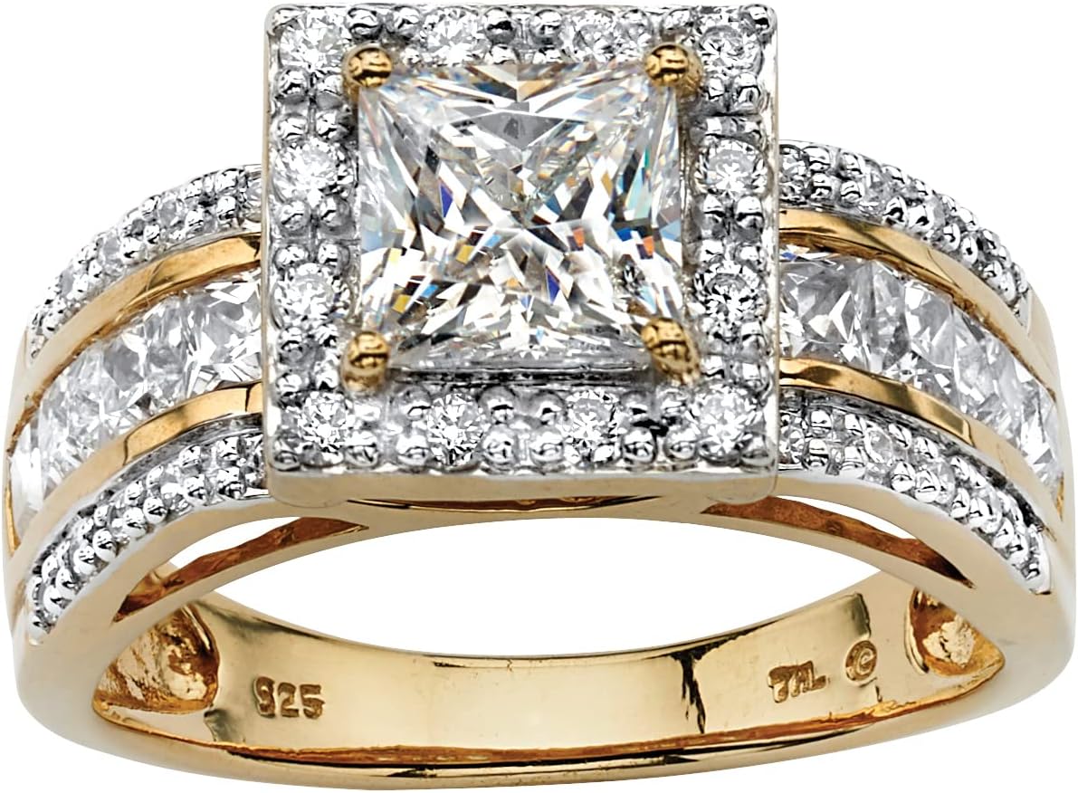PalmBeach Yellow Gold-plated Sterling Silver Princess Cut Cubic Zirconia Halo Triple Row Engagement Ring Sizes 6-10