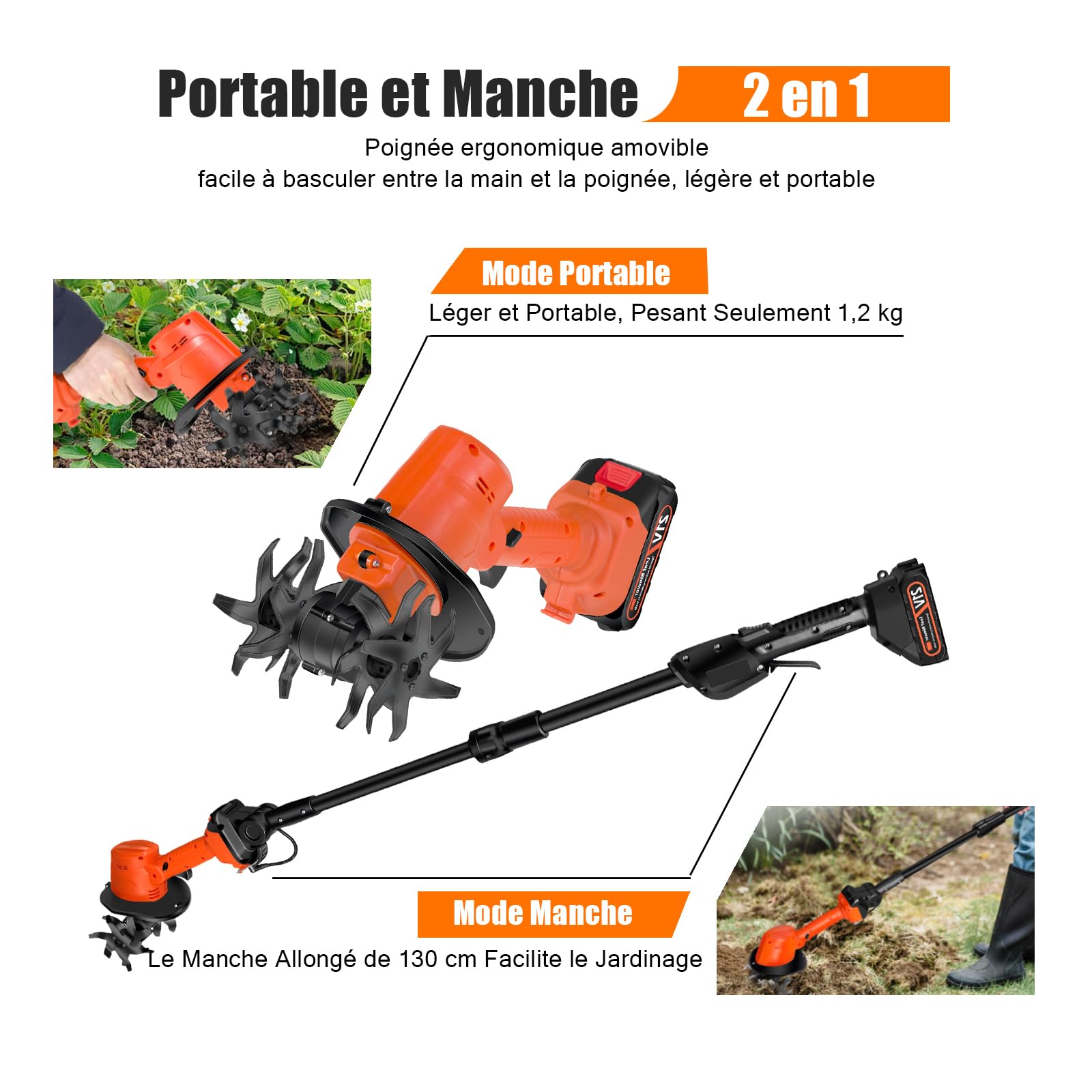 Motobineuse Électrique Sans Fil, 21V Motoculteur Portable avec Batterie et Charge, 235 RPM, Manche Amovible, Largeur/Profondeur de Travail 10/10 cm, Cultivateur pour Yard, Culture du Sol (2 Batteries)