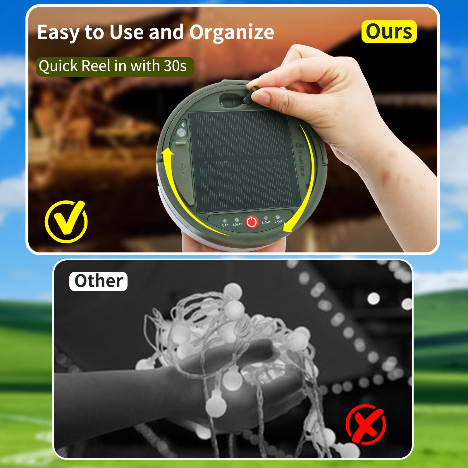 Luci Solari Da Esterno Campeggio: Catena 12M Con 150 LED, 8 Modalità, Telecomando, Ricarica Solare E USB, Batteria 3600mAh, IP44 - 2