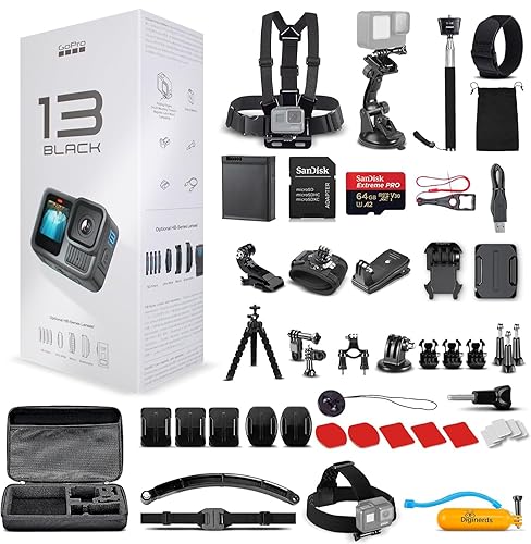 GoPro HERO13 (Hero 13) Black - Waterproof Action Camera with 5.3K HDR Video, 27MP Photos, 1/1.9" Image Sensor, Live Streaming, Webcam, Stabilization + 64GB Card & 50 Piece Accessory Kit - Bundle