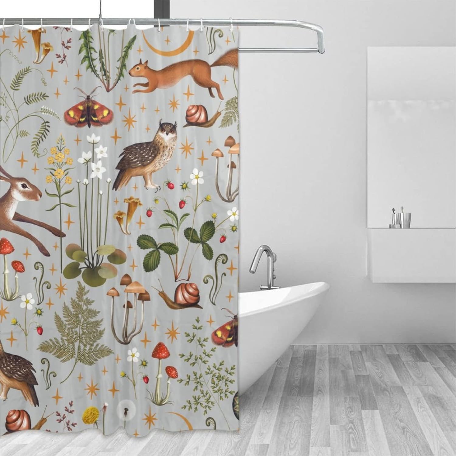 Rustic Forest Shower Curtain Wild Animal Hare Squirrel Owl Snake Snail Flowers Mushroom Pattern for Rural Cottage Farmhouse Shower Curtain with 12 Plastic Hooks Grey Background 66x72Inch(168x183cm)