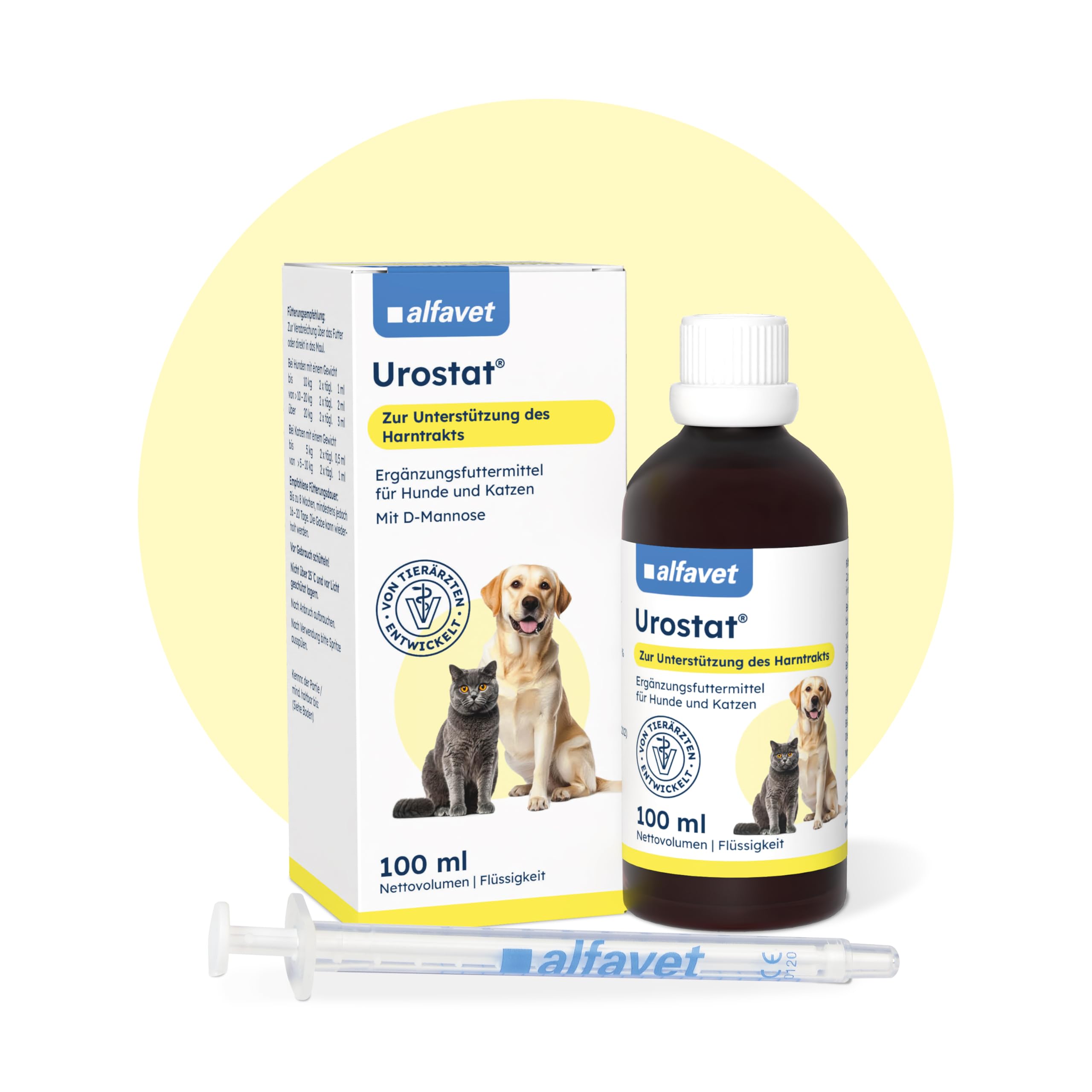 alvafet Urostat, Complément Alimentaire pour réduire la Formation de calculs urinaires pour Chiens et Chats à l'ortie et la Verge d'or, 100 ML, seringue doseuse