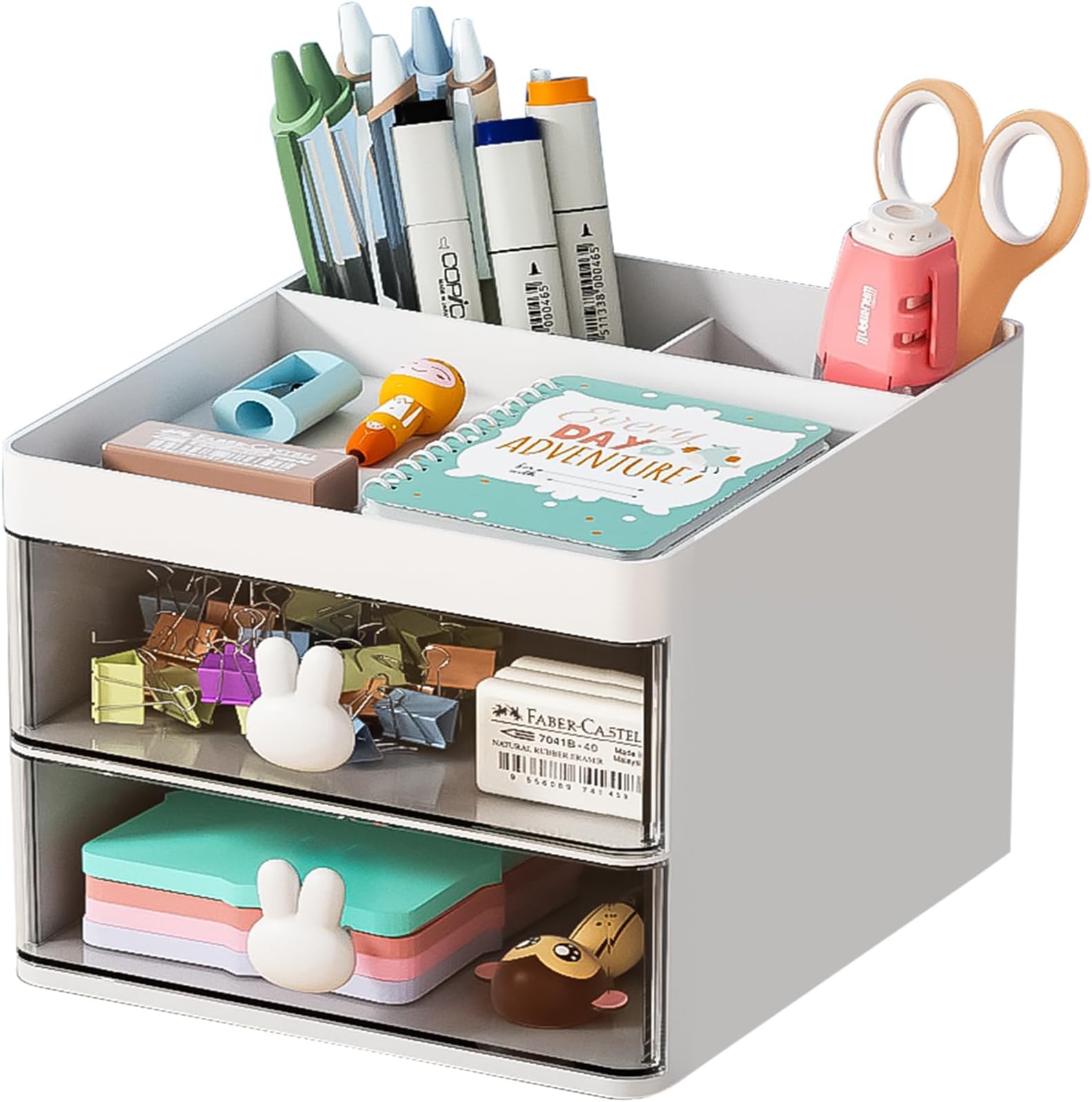 TERRIFI Desk Organizer Set - Premium Storage Solution for Office, Home, and School Supplies - Includes 3 Compartments, 2 Drawers, Pencil Holders, Sticky Note Tray, and Marker Organizer - White