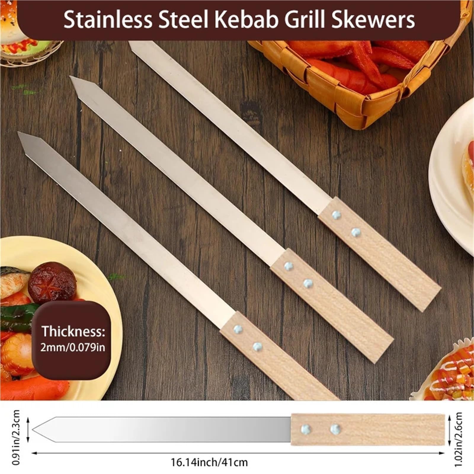 Brochetas Barbacoa Con Mangos De Madera Brochetas planas de 23MM ancho, brochetas for asar acero inoxidable, reutilizables for barbacoa, palo plano con mango madera(12pcs-410x23x2MM)