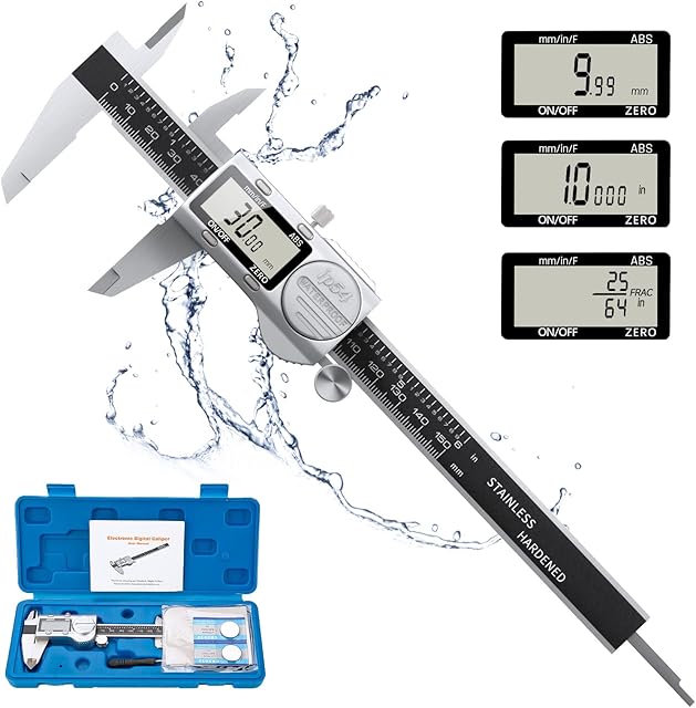 Nuovoware Digital Caliper, 6 Inch /150 mm IP54 Electronic Measuring Tool, Stainless Steel Waterproof Micrometer Vernier Caliper with Auto-Off Large LCD Screen, High Precision Inch/Metric/Fraction