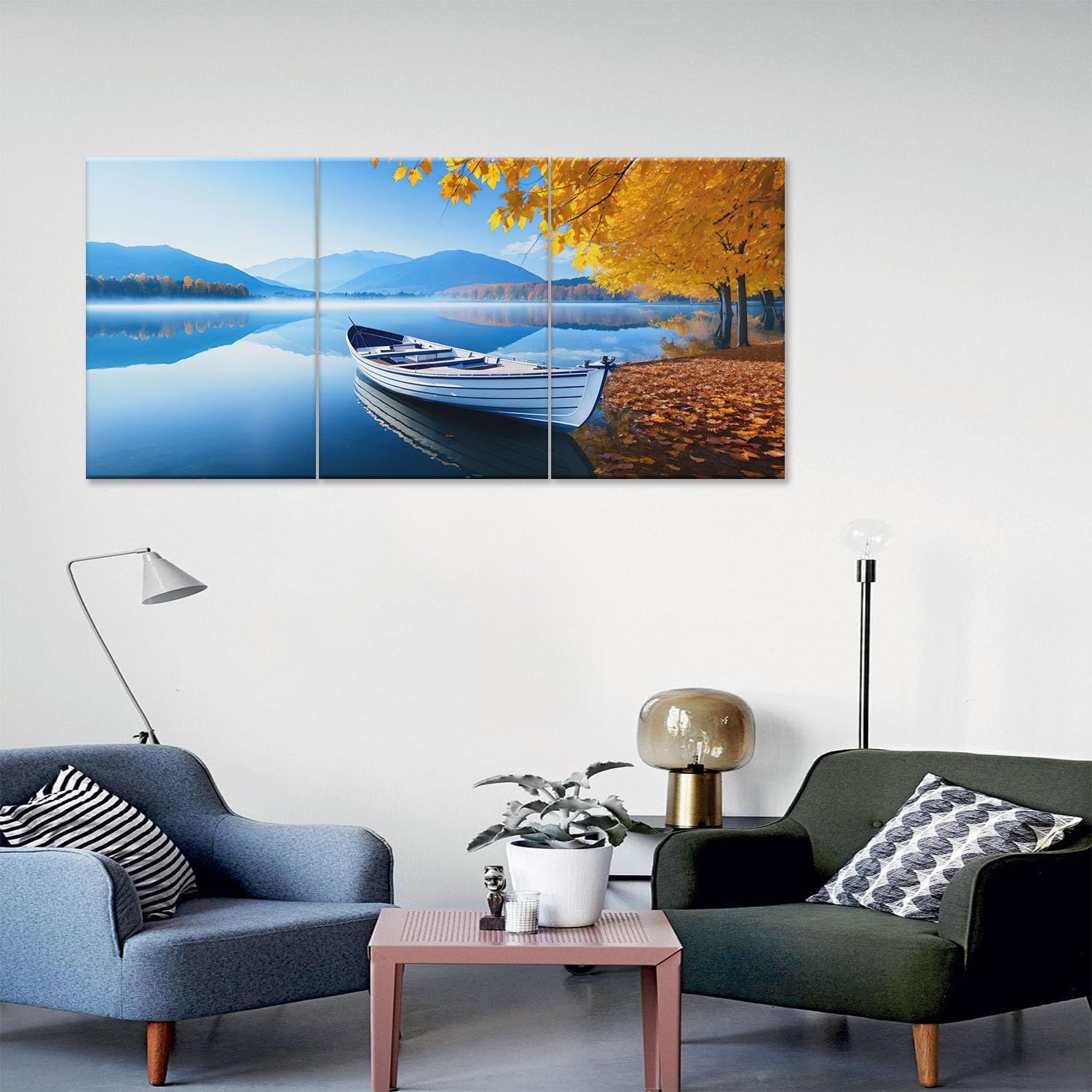 Scenery Canvas Wall Art, Mountain Lake Boat Tree Picture Painting Modern Nature Scene Poster Print for Study Dining Room Decor Set of 3(Artwork-02, 12"x16")