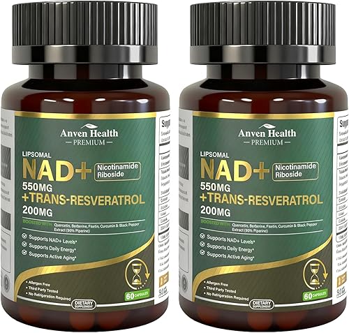 Miniatura 1 de Suplemento liposomal NAD+ nicotinamida ribósido de 550 mg con trans-resveratrol 200 mg - Quercetina, fisetina para el metabolismo, energía celular,