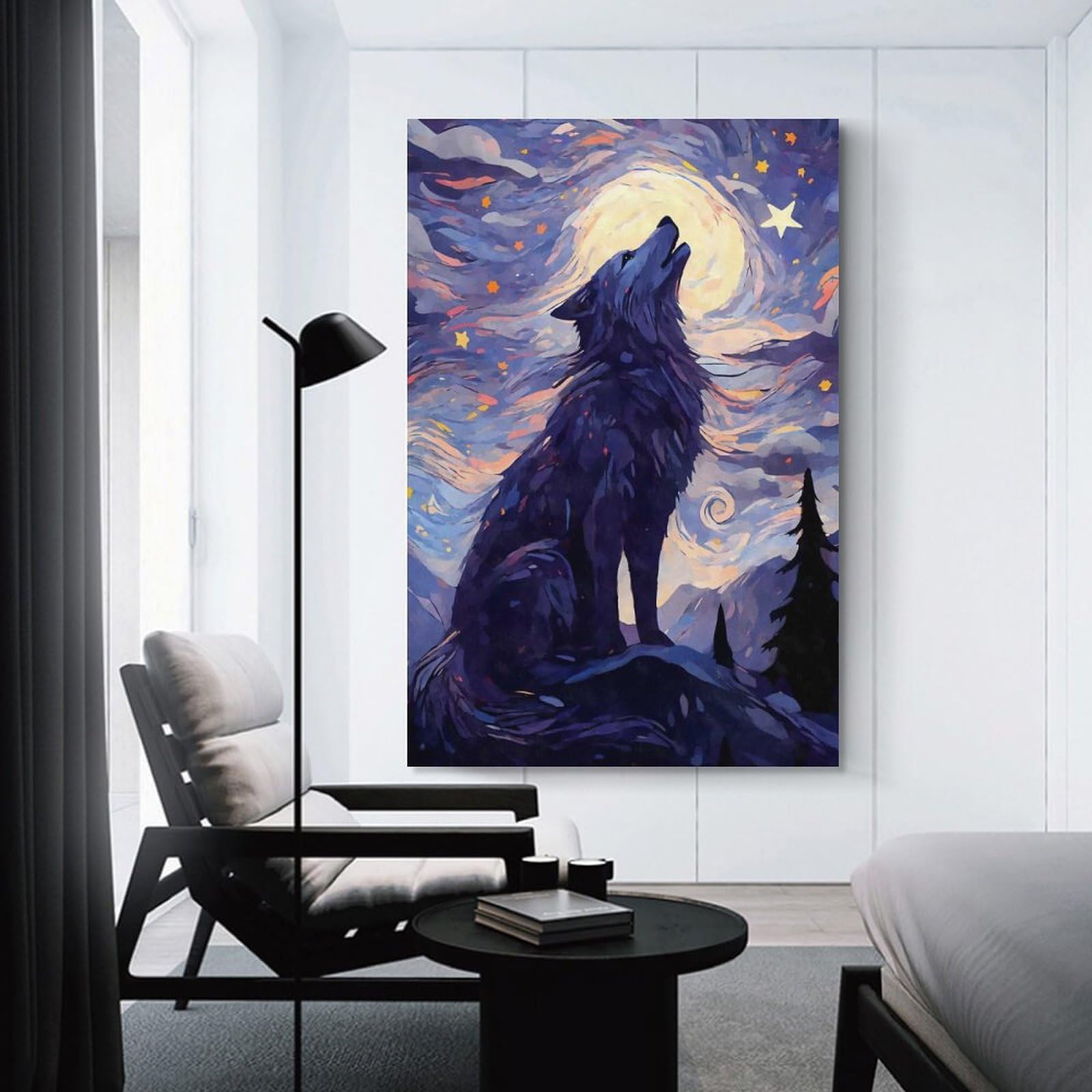Junmoney Unframe-Style-1 Howling Wolf Starry Night Decorative Canvas Print, 16X24inch(40X60cm), For Living Room, Bedroom Or Home Office, Canvas Artwork With Gifting Potential