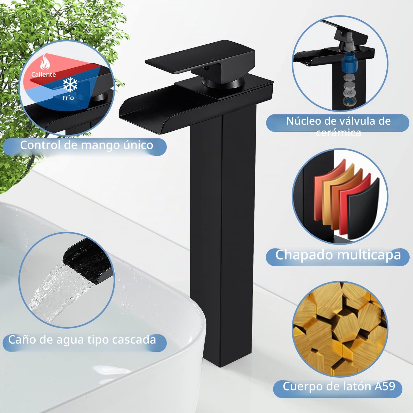 Grifo Lavabo Cascada Negro Alto Grifo de Lavabo, Grifo para Baño de Latón, Monomando Lavabo Mezclador con Altura de Pico de 265 MM, Gran Salida de Agua, Agua Fría y Caliente Disponibles, G 3/8