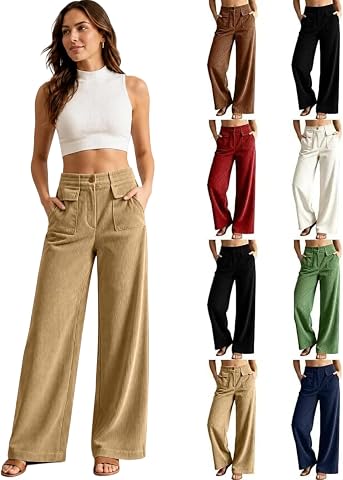 Women's Wide Leg Corduroy Pants with Button Waist and Double Pockets