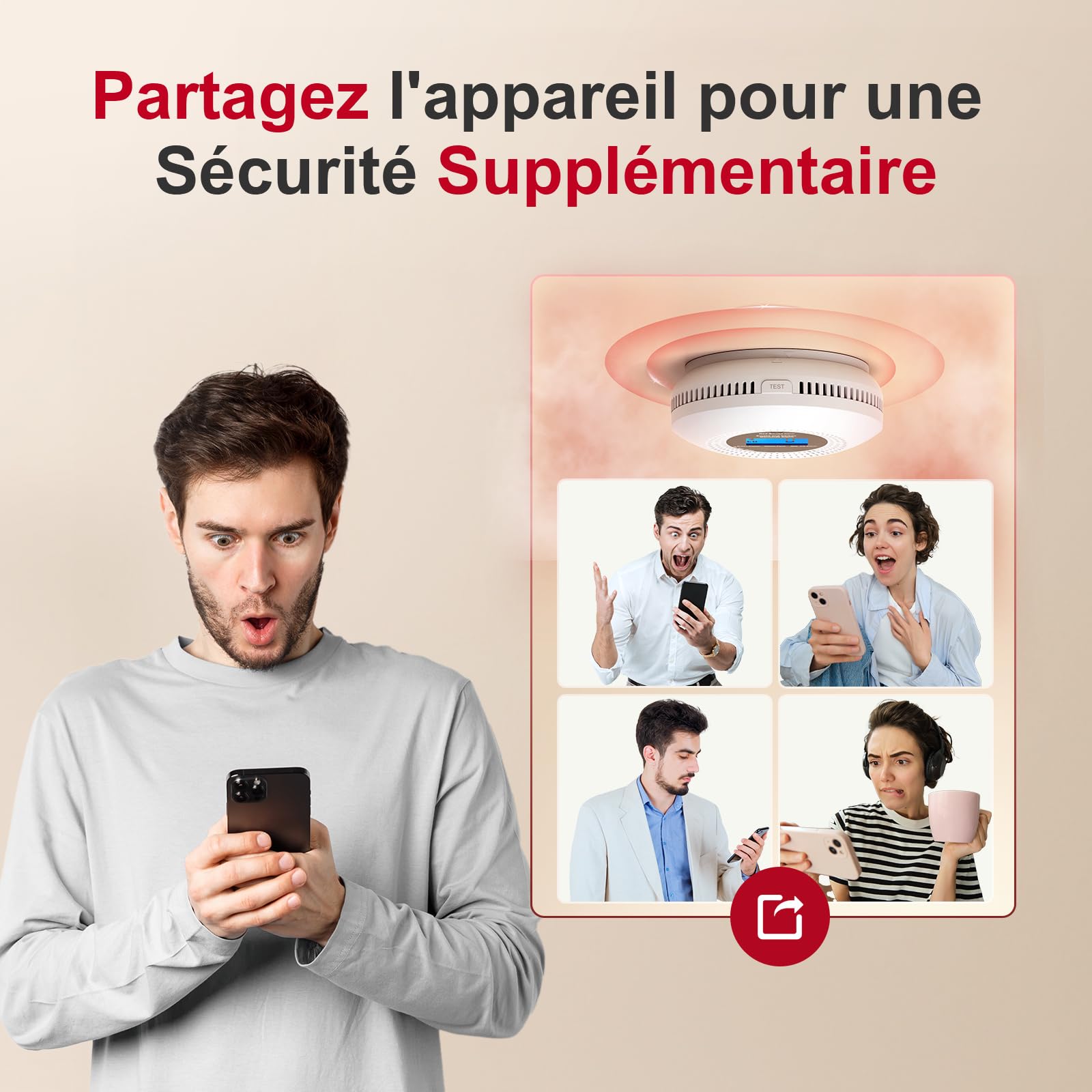 PHYSEN WiFi Détecteur de Fumée et de Monoxyde de Carbone, Durée de Vie de 10 Ans avec Batterie Remplaçable, avec Écran Numérique LCD Haute Précision, Certifié Normes EN14604 et EN50291, 1St