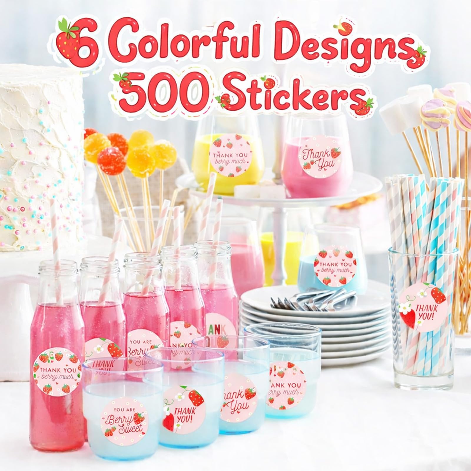 1 Roll 500 Pcs Red Strawberry Pink Thank You Stickers - Image 3
