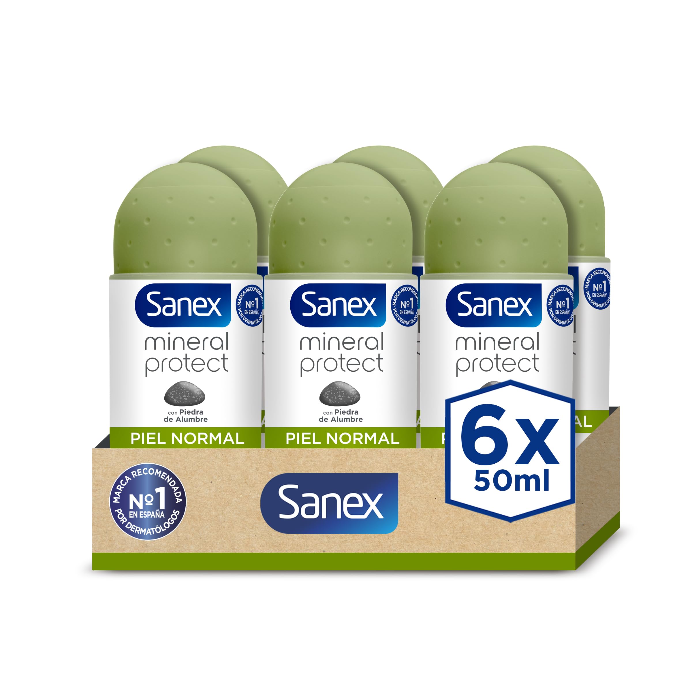 Sanex Mineral Protect, Desodorante Hombre o Mujer, Desodorante Roll-on Pack 6 x 50ml, Respeta la piel y respeta el planeta