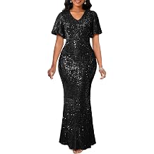 VERWIN Womens V-Neck Sparkly Mesh Sleeve Elegant Party Evening Formal Gown Mermaid Sequin Maxi Dress