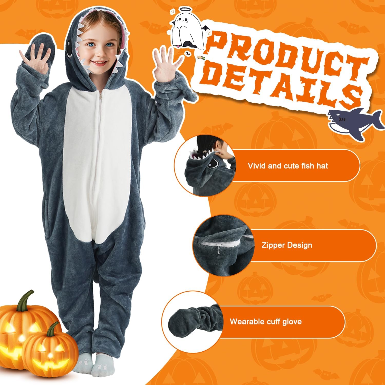 Halloween Shark Blanket Hoodie Onesie Pajamas for Kids Unisex, Soft Cozy Shark Zip-Up Pajama Costume - Image 2