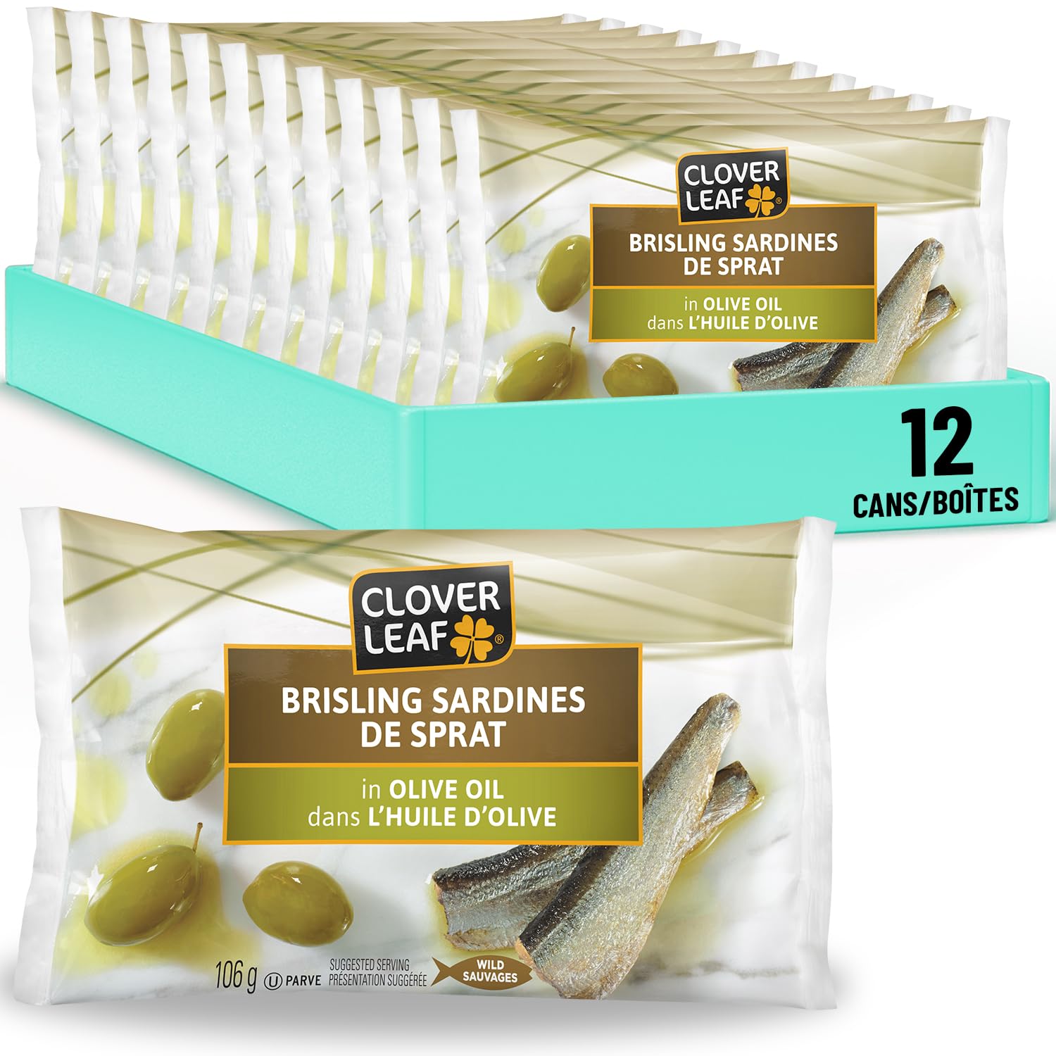 Clover Leaf Brisling Sardines in Olive Oil - 106g, 12 Count - Canned Fish - High in Protein, 16g Per 80g Serving Drained - Source of Omega-3, Iron, Vitamin D, Calcium - 2