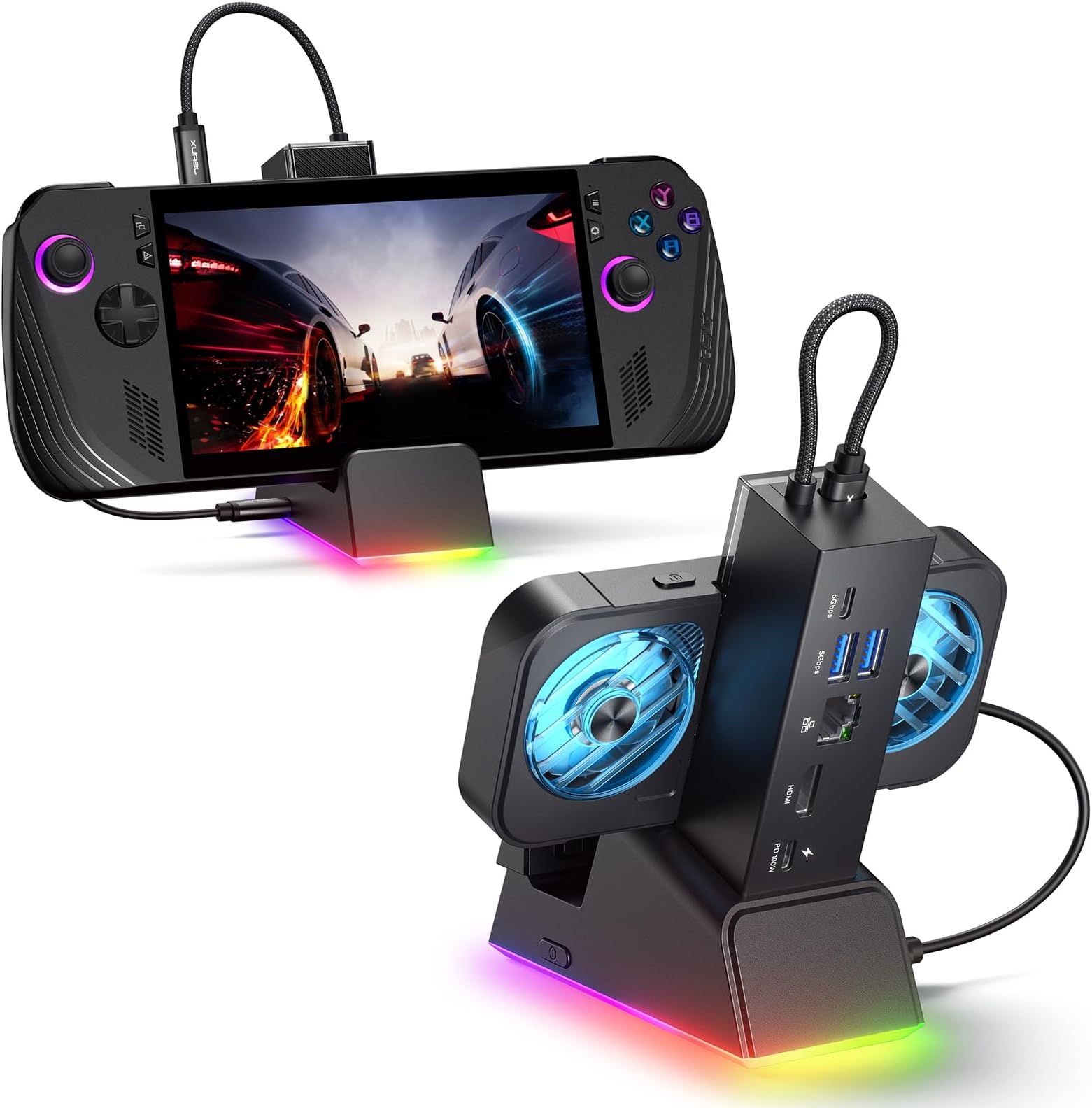 JSAUX Docking Station for ROG Ally X/ROG Ally/Steam Deck/Legion Go, 7-in-1 Dock for ROG Ally X with RGB Cooling Fan, HDMI 4K@120Hz, Gigabit Ethernet, Dual USB & USB C 3.0, 100W PD Charging - HB0705