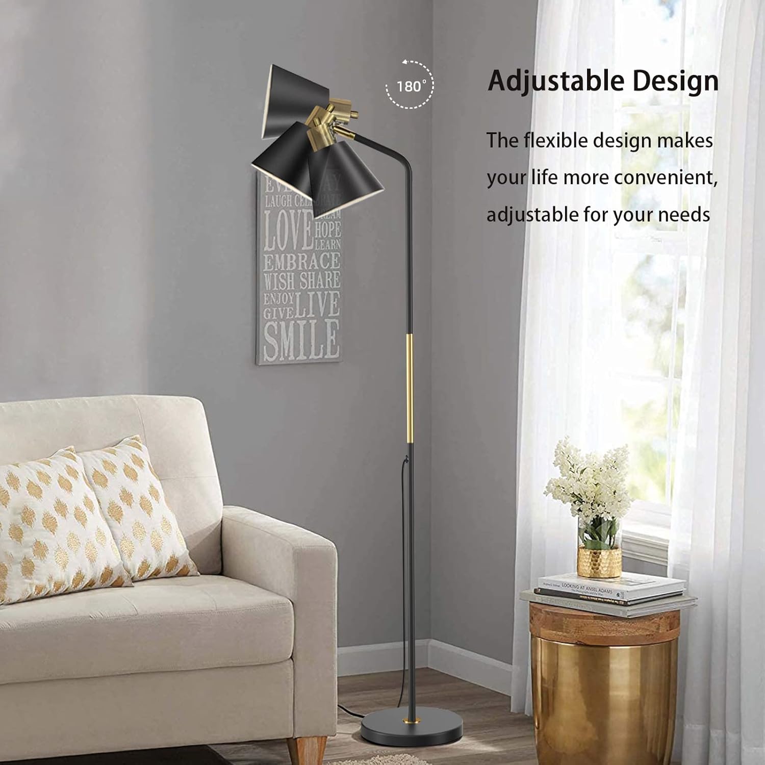 Industrial Floor Lamps for Living Rooms & Bedrooms - Rustic Farmhouse Reading Lamp - Standing, Adjustable Metal Heads Indoor Task Lighting for Living Room Bedroom Office Home Décor (Black-Large)