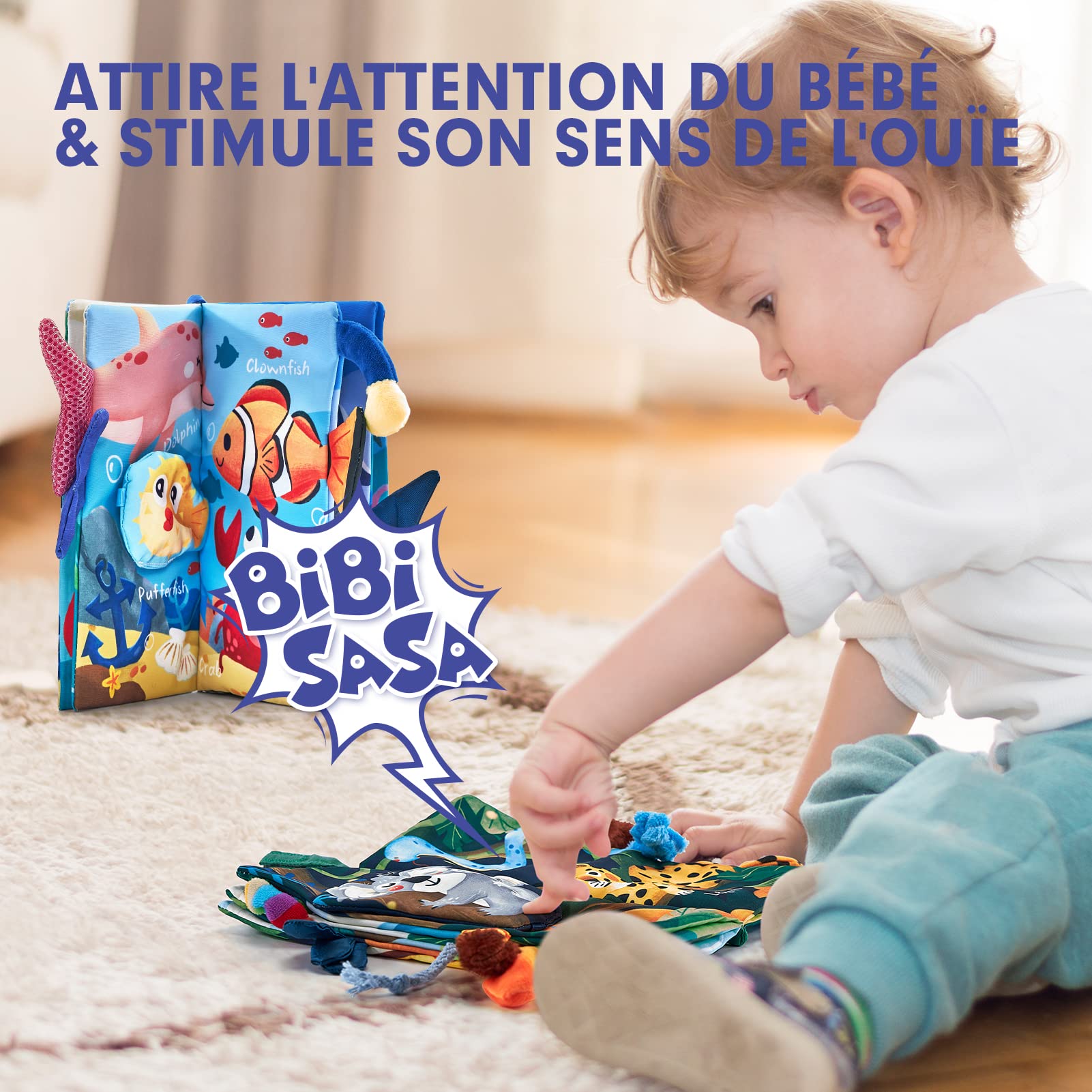 hahaland Jouet de Livre Tissu pour Bébé 0 3 6 Mois Jouet Poussette pour Bébé 8 9 Mois Livre Suspendre Set Doux Froissé Convient pour Un Cadeau de Naissance Fille Garçon, 2PCS