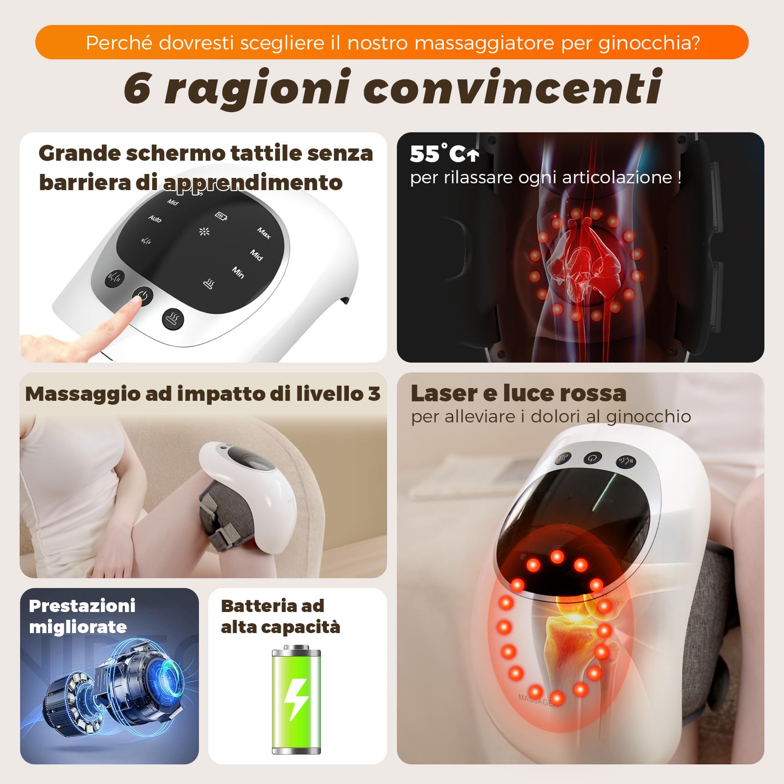Massaggiatore per ginocchio 3 livelli di temperatura, terapia a luce rossa, display LCD, terapia termica e vibrazione, 7000 giri/min, 120 minuti, colore: nero