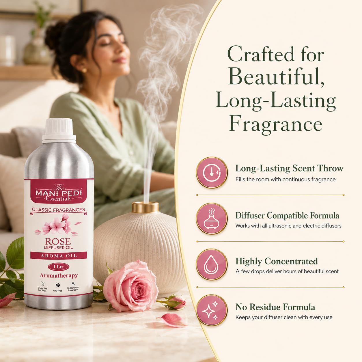 TMPE Rose Diffuser Oil with Long-lasting Aroma. Classic Floral fragrance Uplifts Mood, & Promotes Relaxation | Ideal for Aromatherapy, Diffusers & Air Purifiers - 1 L (1000 ml) 1