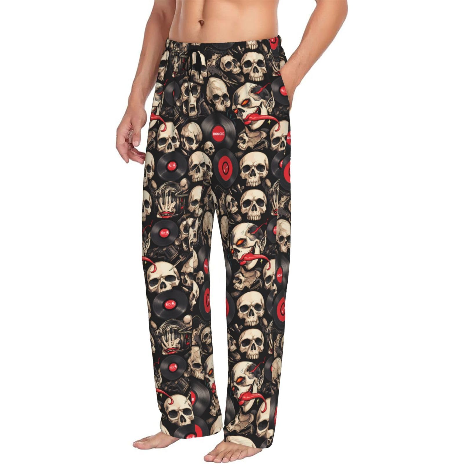 Oudrspo Men's As Pic Rock Record Skull Pajama Pants - Sleep Lounge Pants For Funny Pj Bottoms Pants With Pockets