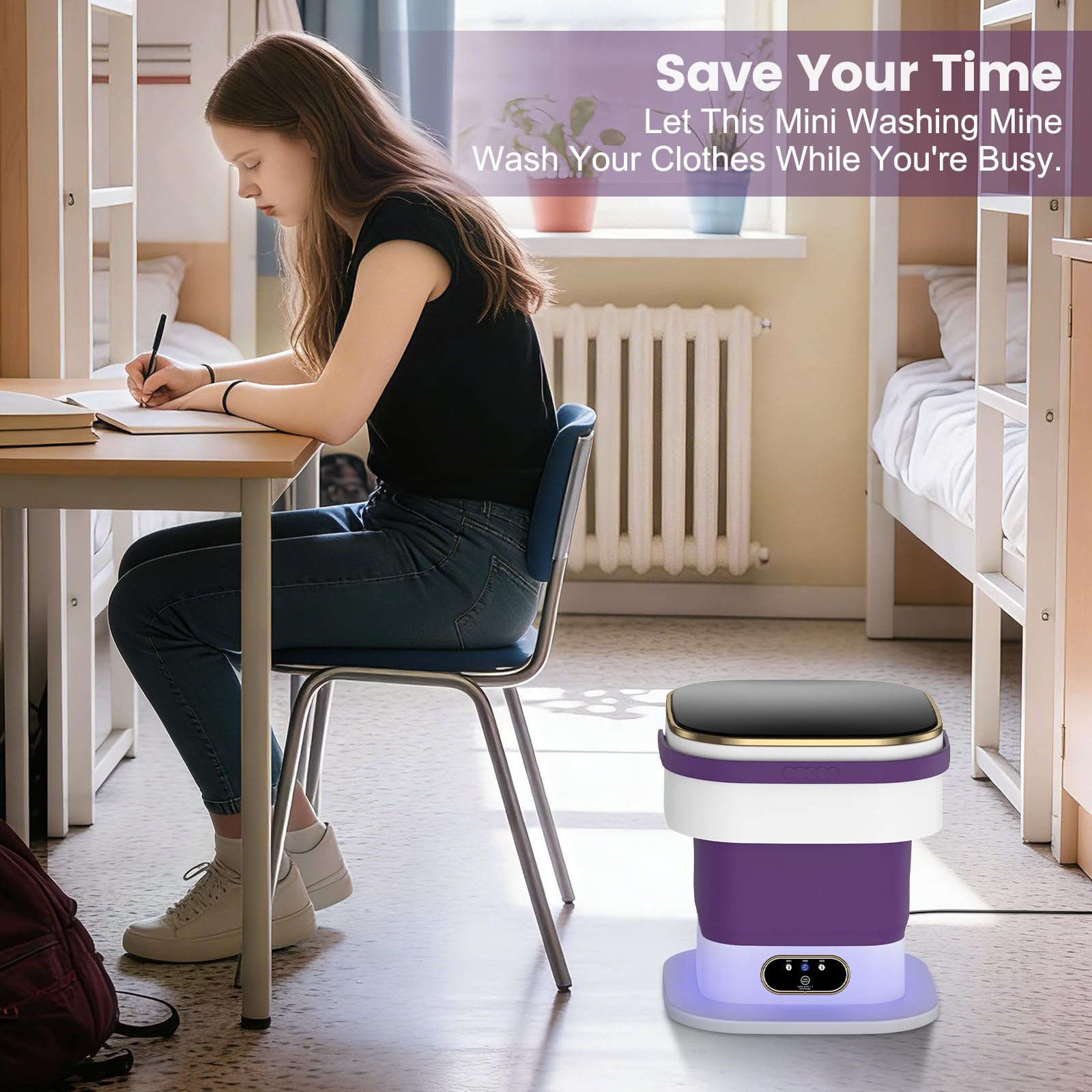lavatrice portatile, mini lavatrice potenziata da 15 litri, 3 programmi di lavaggio con centrifuga, pulisce a fondo i piccoli indumenti, pieghevole, ideale per appartamenti, case e campeggi. (viola)