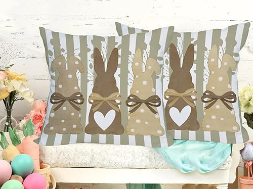 Miniatura 3 de Fukeen Paquete de 2 fundas de almohada impermeables de Pascua de 20 x 20 pulgadas, diseño de conejo, rayas marrones, fundas de almohada de Pascua,