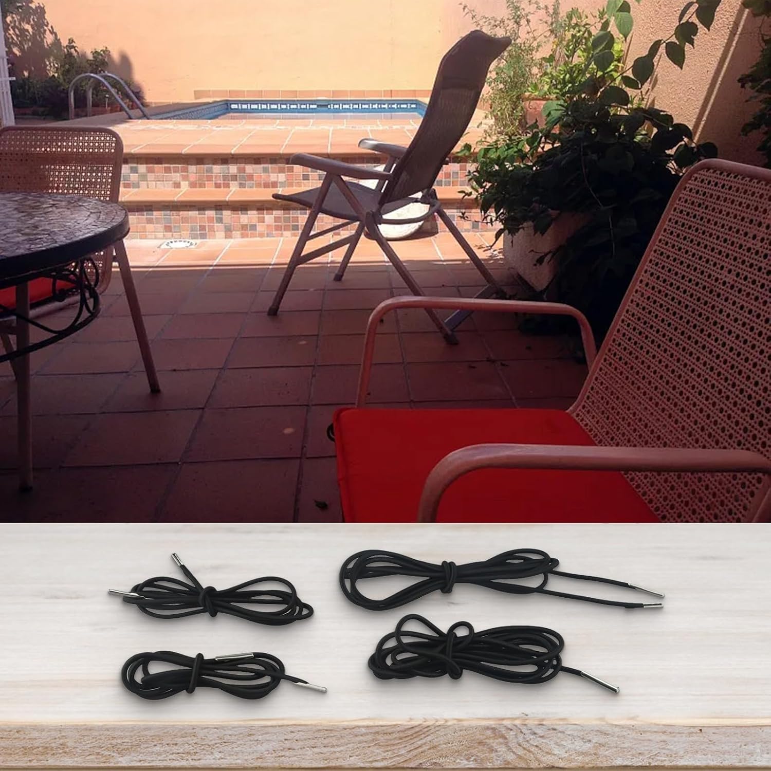 Patio Deck Chair Bungee Cord Replacement Kit, 4 Pieces Nylon Latex for Garden Lounger and Folding Recliner Chairs, 220cm Leg Rest and 140cm Backrest(Black)