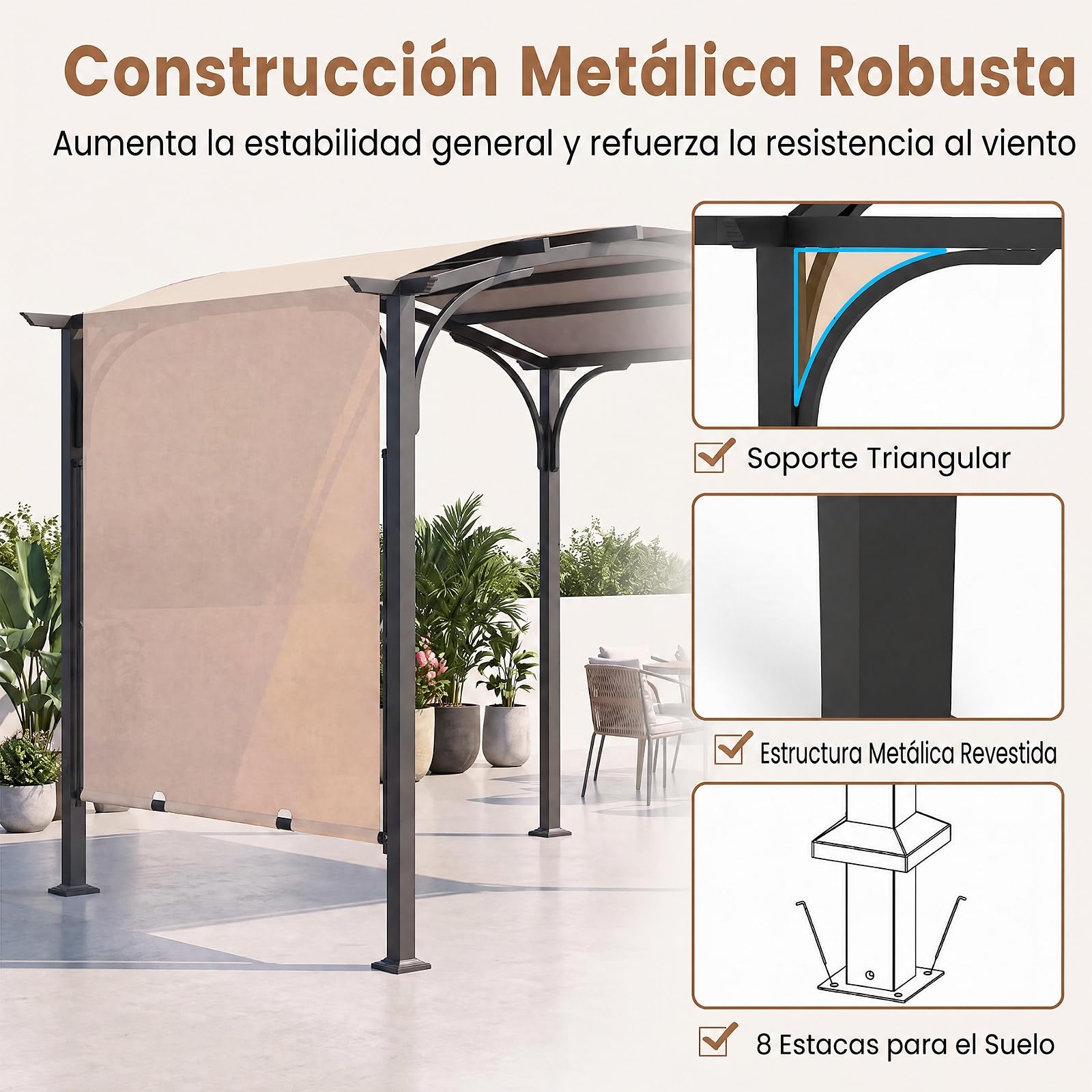 GOPLUS Pérgola Retráctil para Exterior, 305x246x233 cm (Beige) | Cenador de Jardín con Estructura Metálica y Tejido de Poliéster, Arco Jardín con Toldo para Patio, Terraza, Porche