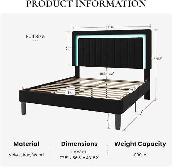 SHA CERLIN Full Size Velvet Bed Frame with LED Light, Black | Adjustable Vertical Channel Tufted Headboard, Strong Wooden Slats Support, Noise-Free, No Box Spring Needed