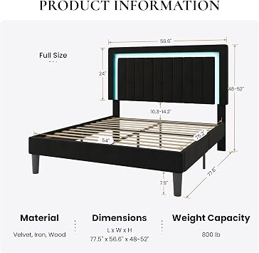 SHA CERLIN Full Size Velvet Bed Frame with LED Light, Black | Adjustable Vertical Channel Tufted Headboard, Strong Wooden Slats Support, Noise-Free, No Box Spring Needed