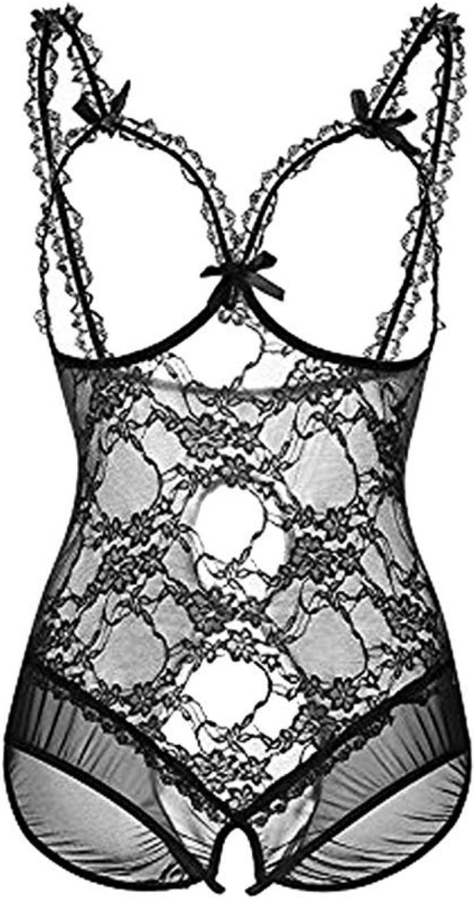 Women's Lace Lingerie One Piece Open Cup Crotchless Teddy Bodysuit Black